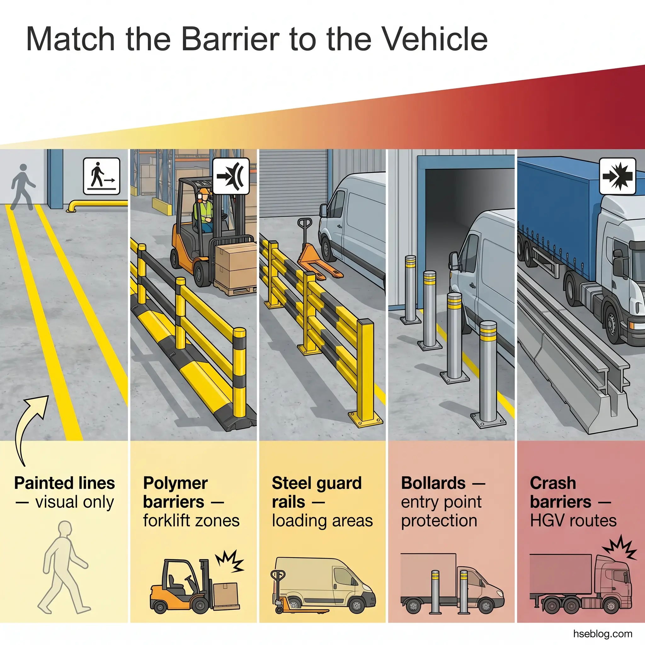 Infographic showing five types of workplace safety barriers matched to their uses: painted lines for visual guidance, polymer barriers for forklift zones, steel guard rails for loading areas, bollards for entry points, and crash barriers for HGV routes.
