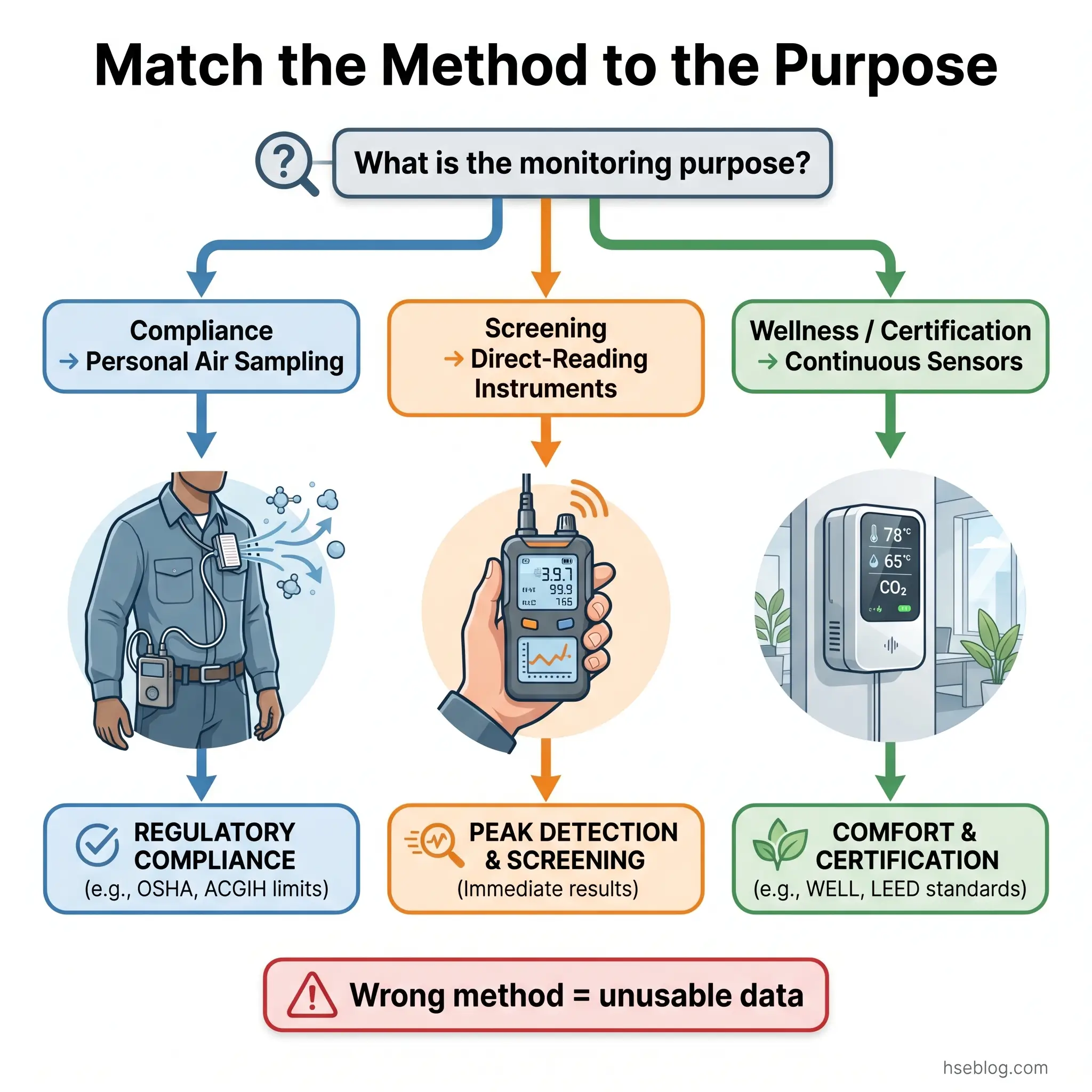 Flowchart showing three air quality monitoring methods matched to their purposes: personal air sampling for regulatory compliance, direct-reading instruments for peak detection and screening, and continuous sensors for wellness and certification standards.