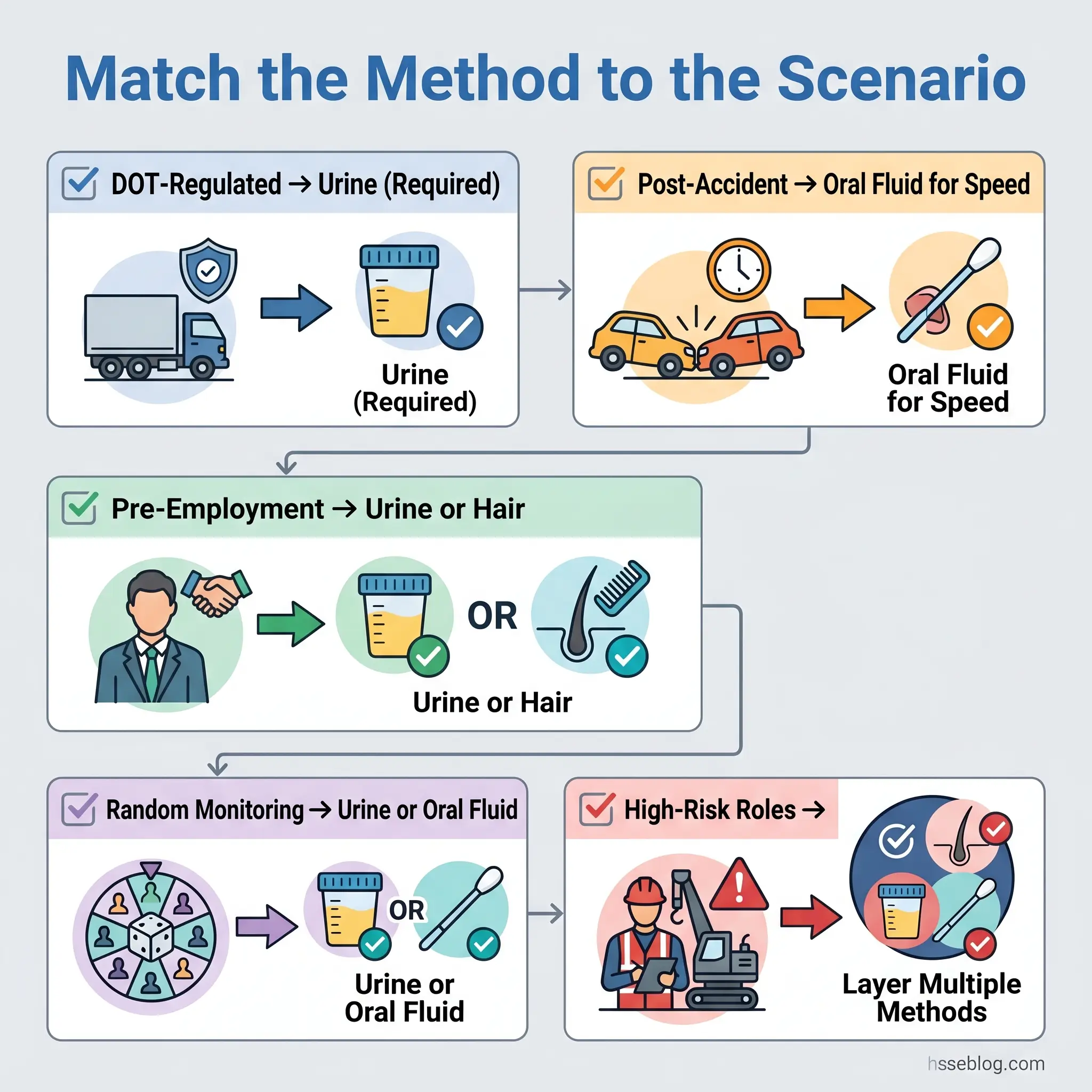 Infographic matching five drug testing methods to workplace scenarios: DOT-regulated urine testing, post-accident oral fluid testing, pre-employment urine or hair testing, random monitoring, and high-risk role testing protocols.
