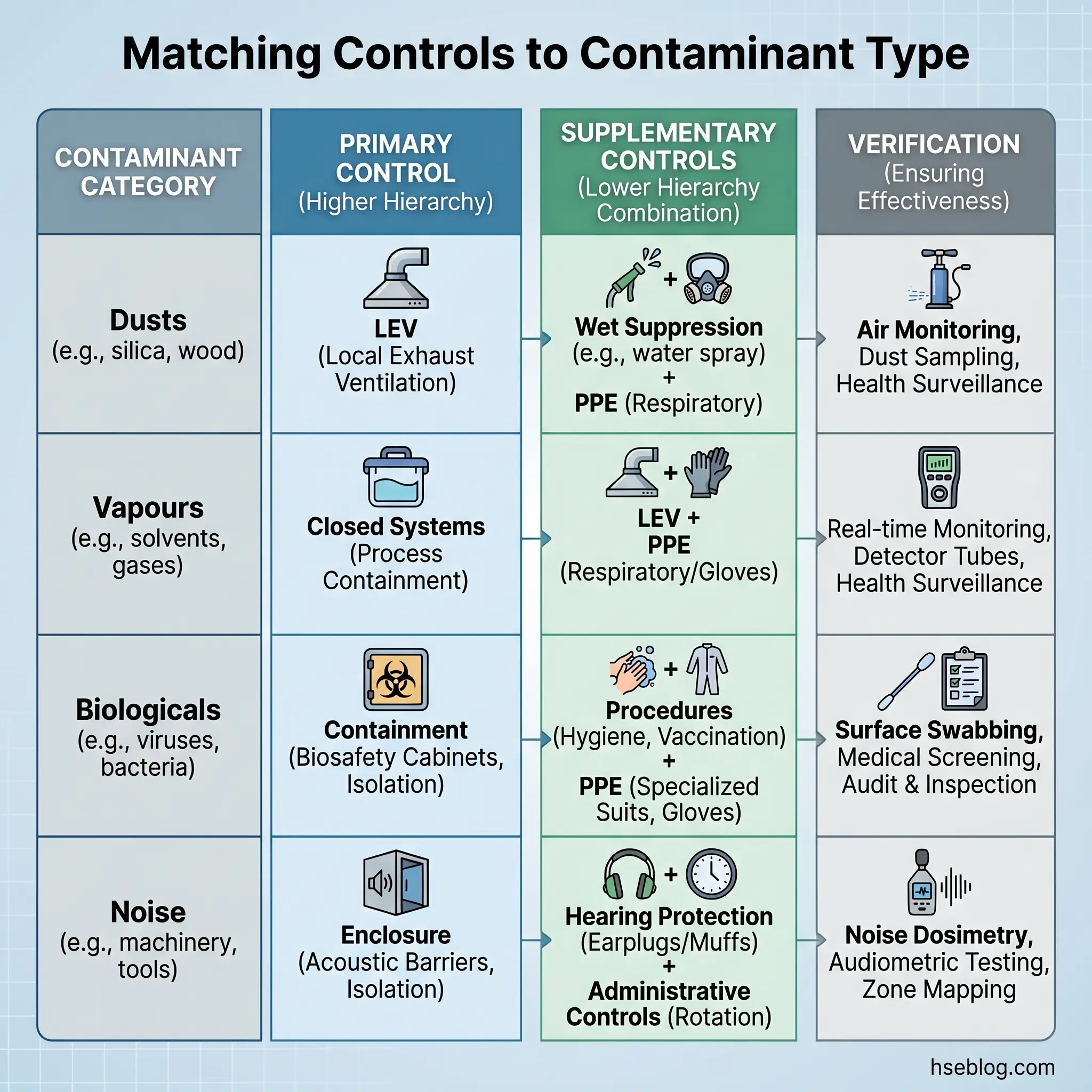 Chart showing hierarchy of occupational health controls matched to five contaminant types: dusts, vapours, biologicals, and noise, with primary controls, supplementary controls, and verification methods for each.