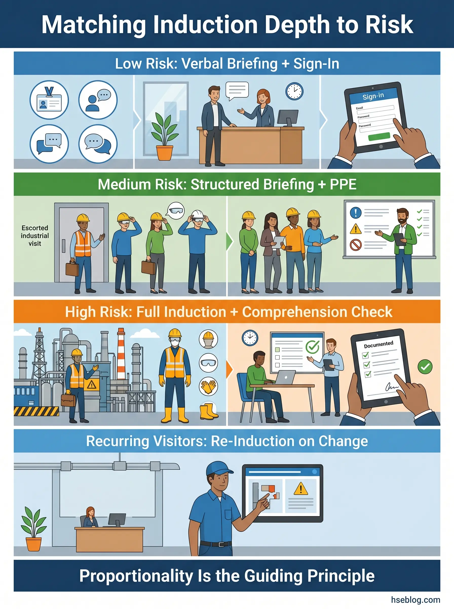 Infographic showing five levels of workplace induction programs matched to risk levels, from verbal briefing for low-risk roles to full induction with comprehension checks for high-risk environments like industrial facilities.