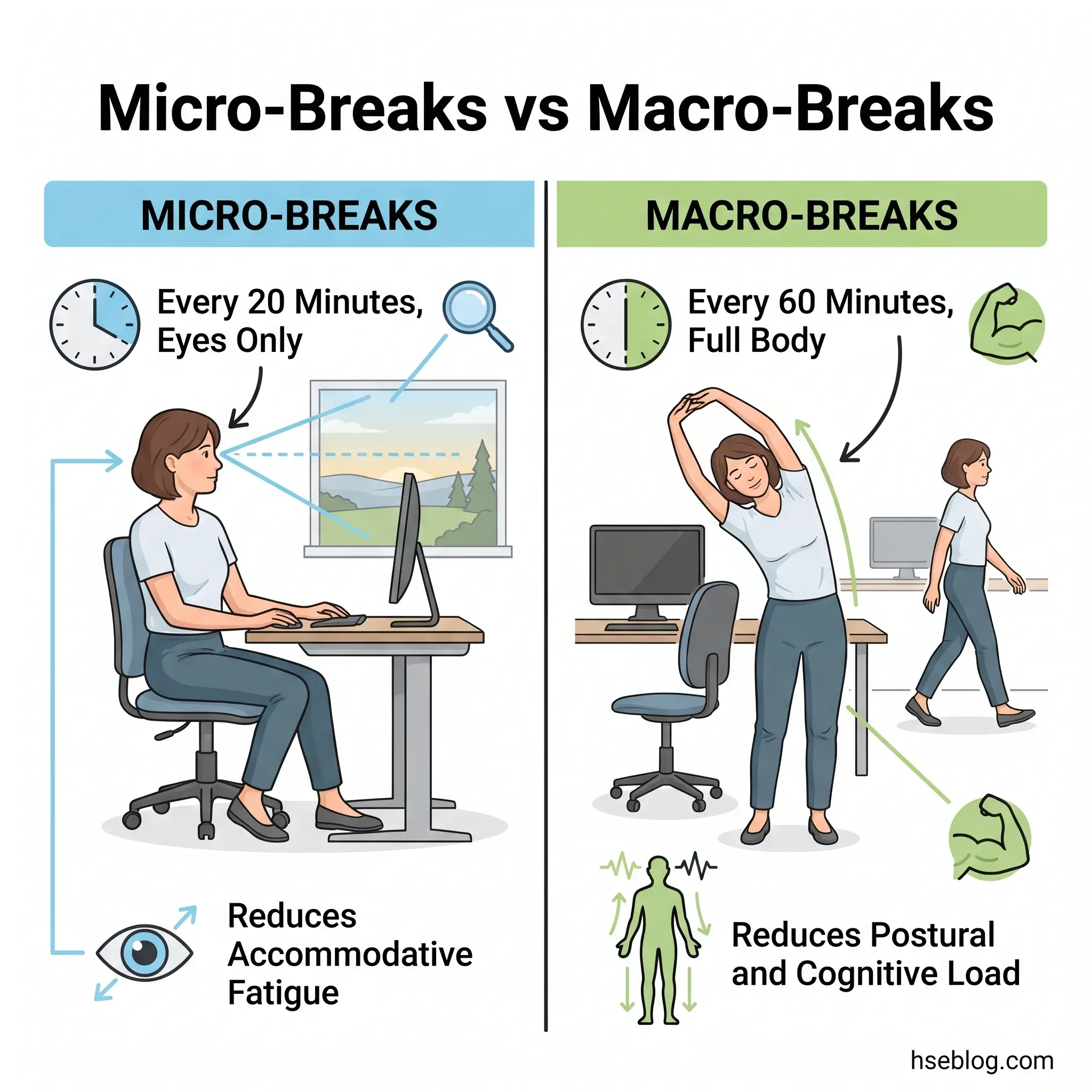 Infographic comparing micro-breaks and macro-breaks for workplace wellness, showing eye exercises every 20 minutes versus full-body stretches and movement every 60 minutes to reduce fatigue and strain.