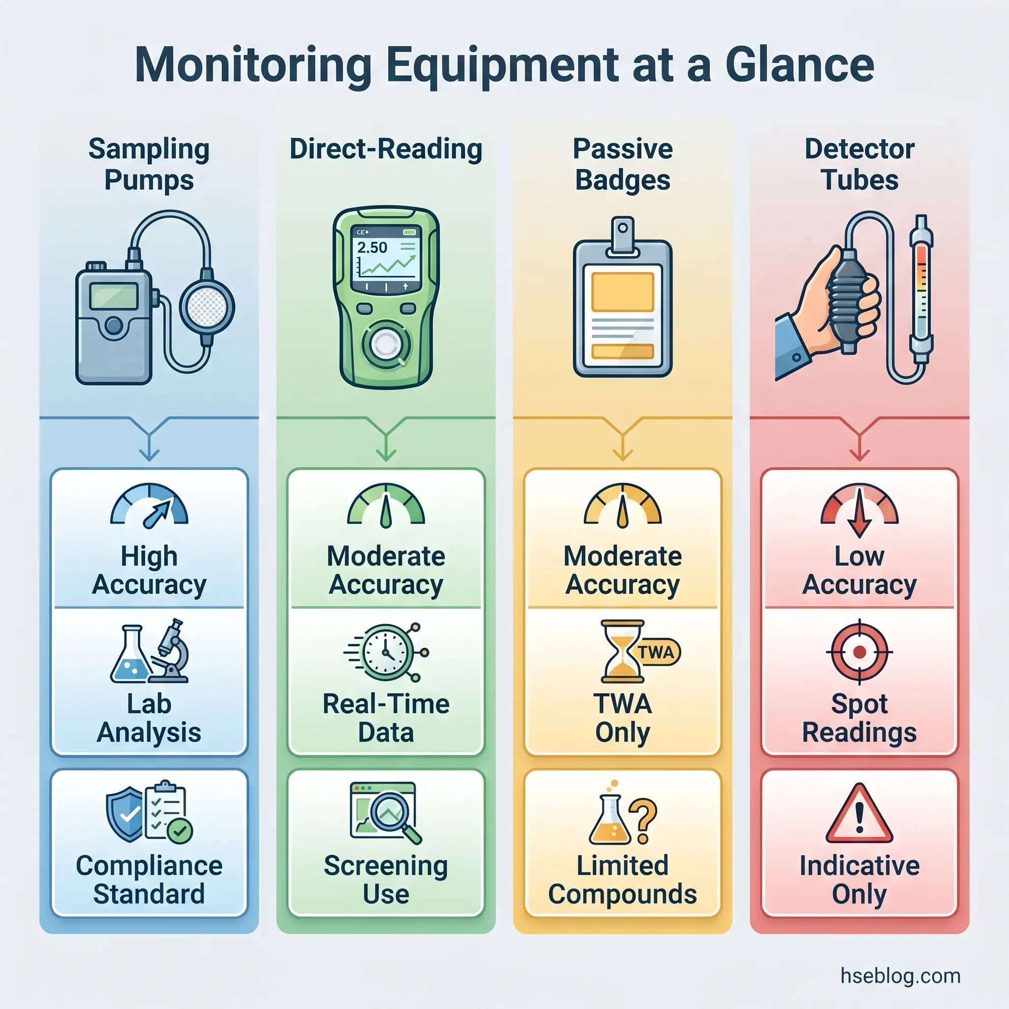 Infographic comparing four workplace monitoring equipment types: sampling pumps for high-accuracy lab analysis, direct-reading monitors for real-time moderate accuracy data, passive badges for time-weighted average moderate accuracy, and detector tubes for low-accuracy spot readings.