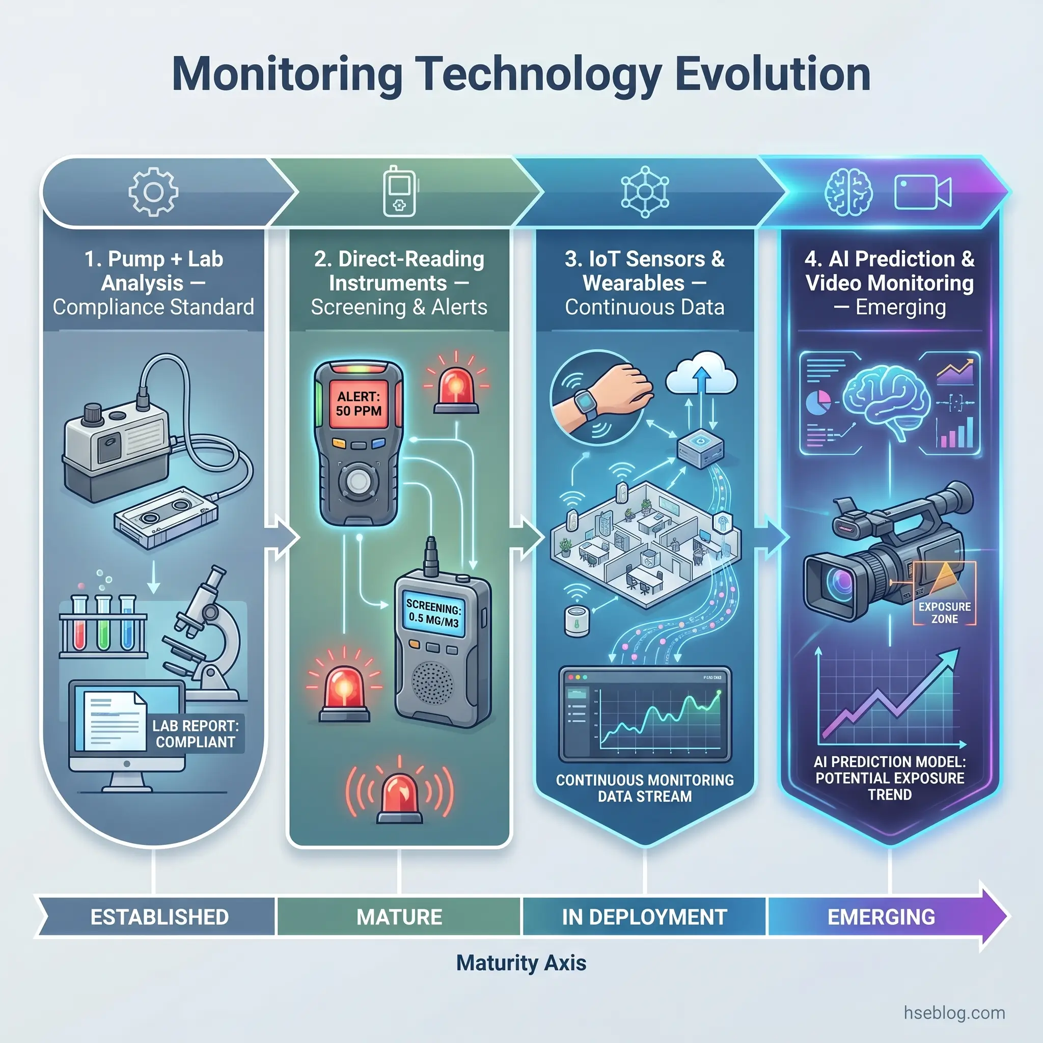 Infographic showing four stages of occupational health monitoring technology evolution, from traditional lab analysis through direct-reading instruments, IoT sensors, to AI-powered predictive monitoring systems.