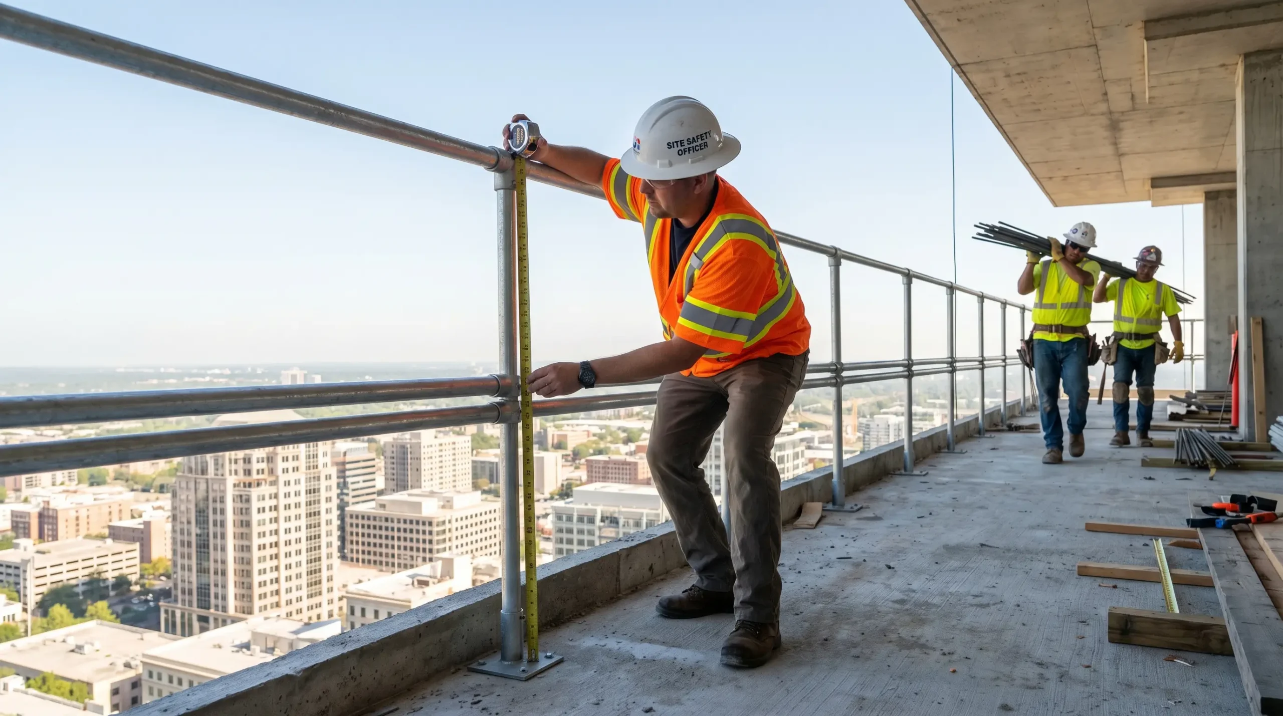 Site safety officer in orange vest and hard hat measures roofing materials on high-rise construction deck overlooking city skyline, with workers carrying steel beams in background.
