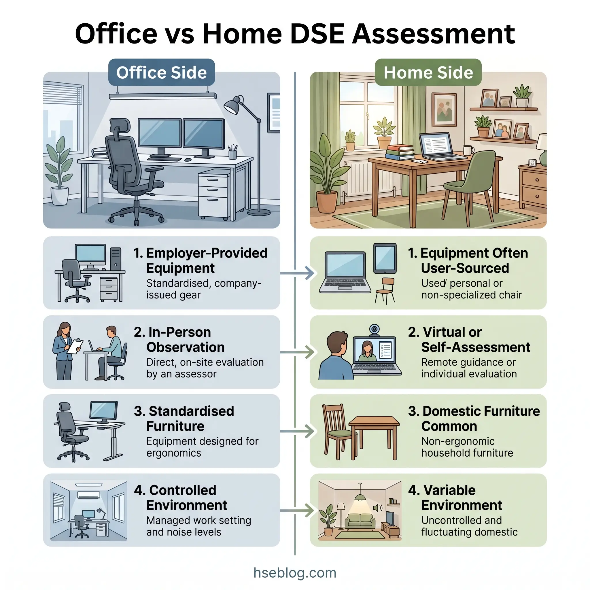 Comparison infographic showing office versus home DSE assessment differences, covering employer-provided equipment, in-person observation, standardized furniture, and controlled environment versus user-sourced equipment, virtual assessment, domestic furniture, and variable environment.