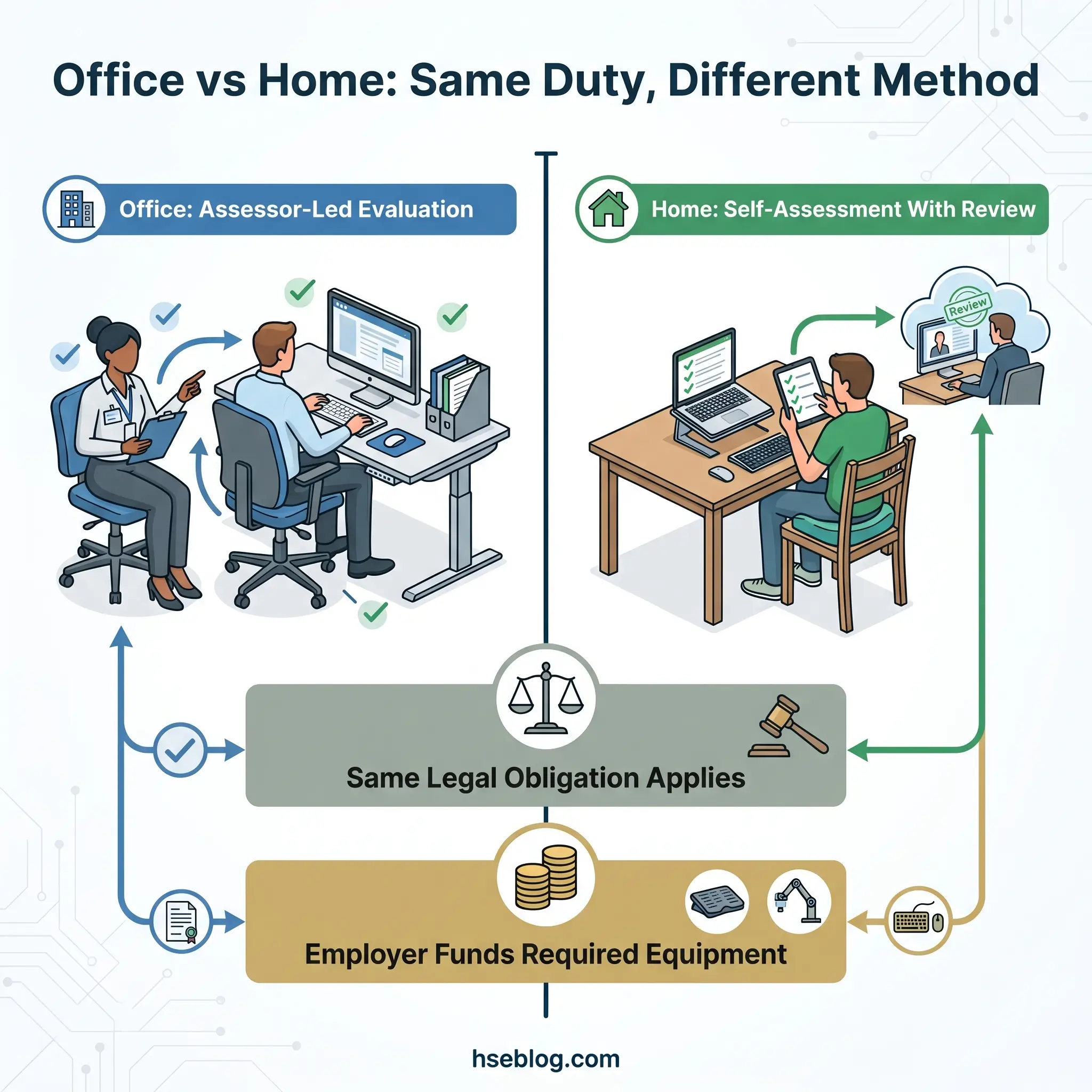 Infographic comparing office-based assessor evaluations versus home-based self-assessments, showing both methods have the same legal obligations and employer-funded equipment requirements.