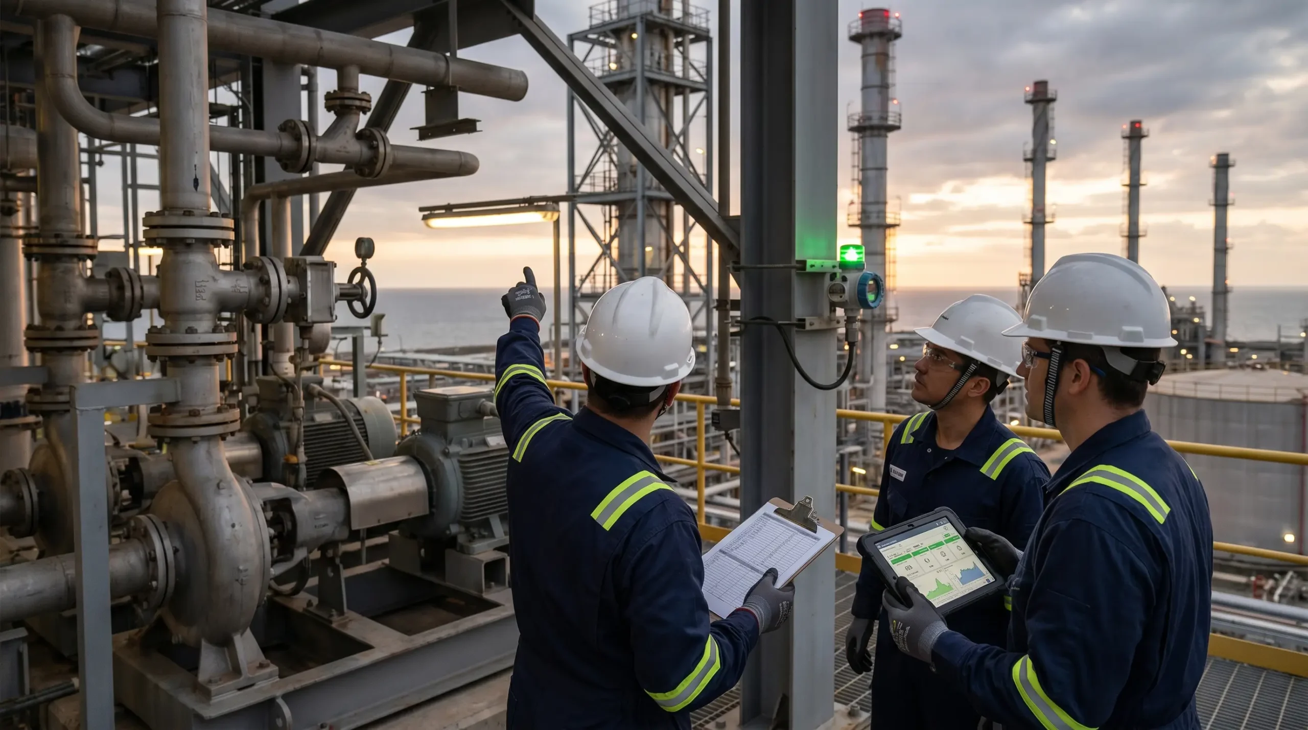 Three industrial workers in hard hats and safety vests inspect equipment on an offshore oil and gas refinery platform at dusk, with one holding a clipboard and another using a digital tablet.