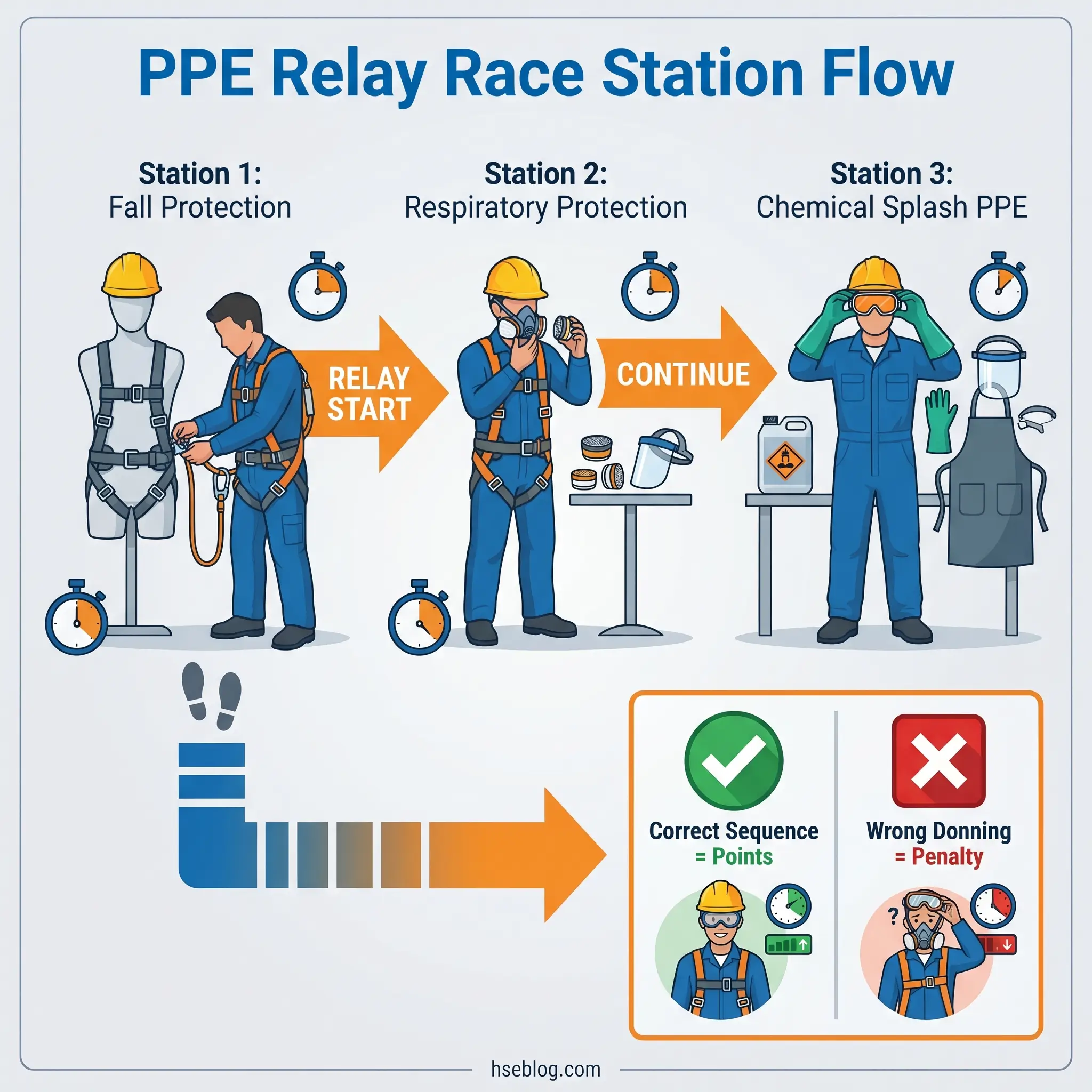 Illustration of a three-station PPE relay race showing workers donning fall protection, respiratory protection, and chemical splash gear in sequence, with timers and scoring rules for correct donning order versus penalties.