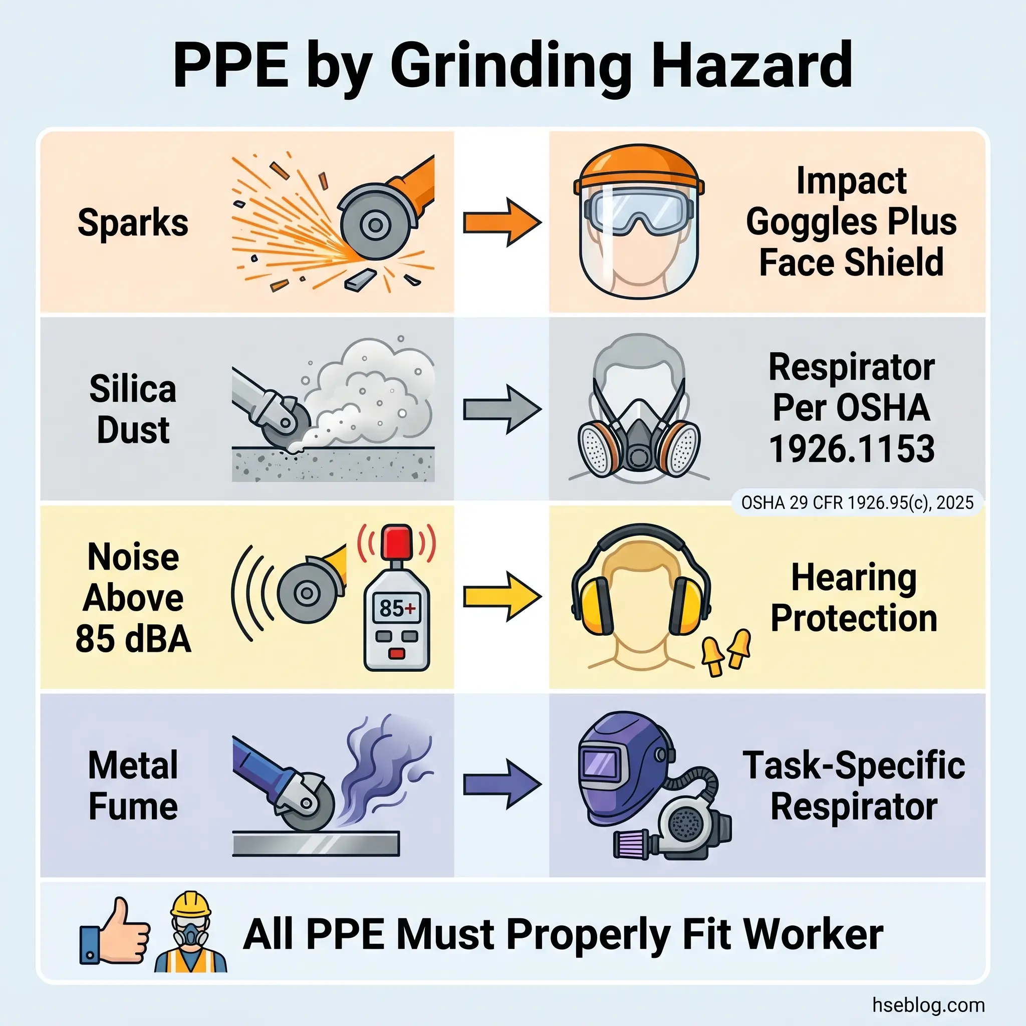 Chart showing five grinding hazards and corresponding PPE requirements: sparks require impact goggles and face shield, silica dust requires OSHA-approved respirator, noise above 85 dBA requires hearing protection, metal fume requires task-specific respirator, with note that all PPE must properly fit the worker.