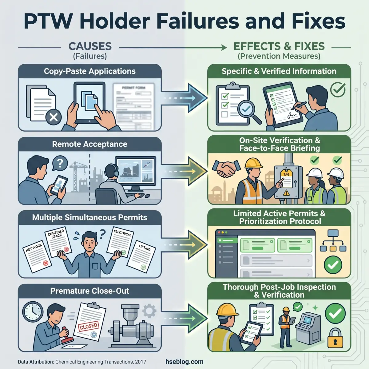 Infographic showing four PTW holder failures on the left including copy-paste applications, remote acceptance, multiple permits, and premature closeout, with corresponding prevention fixes on the right such as verified information, on-site briefing, permit prioritization, and post-job inspection.