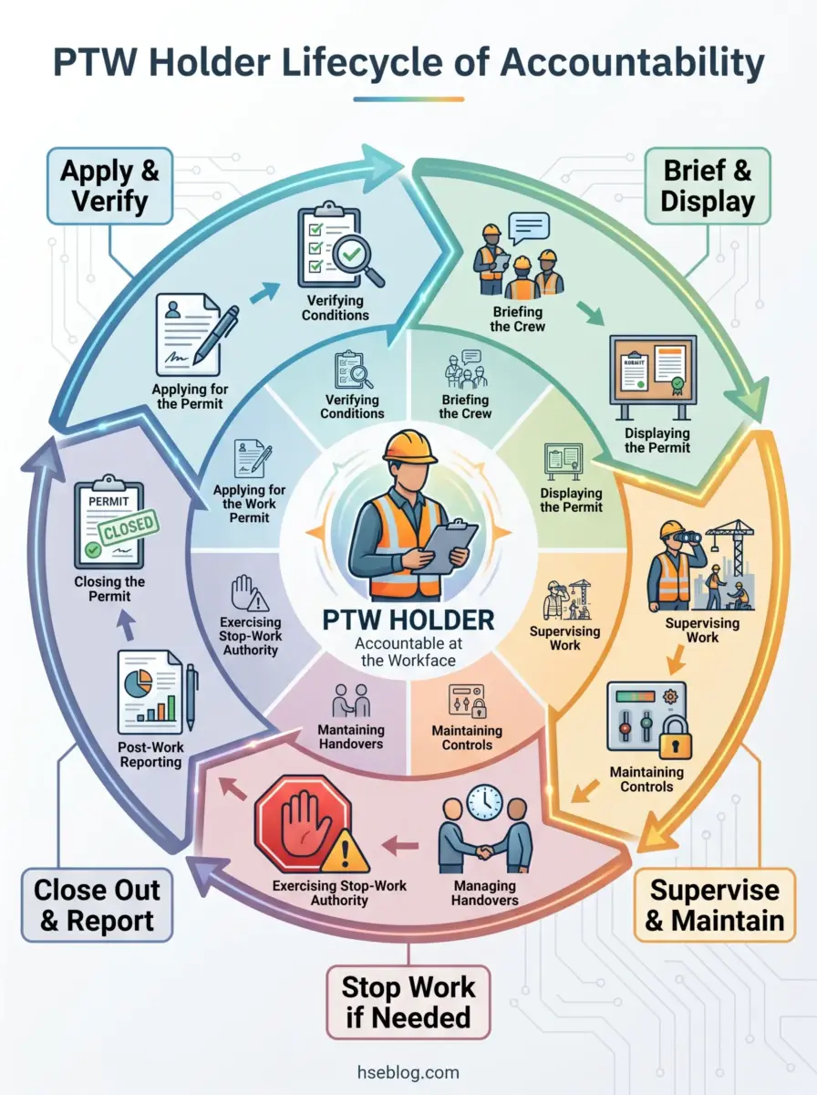 Circular diagram showing the PTW holder lifecycle of accountability with five main phases: Apply & Verify, Brief & Display, Supervise & Maintain, Close Out & Report, and Stop Work if Needed, each containing specific tasks and responsibilities.