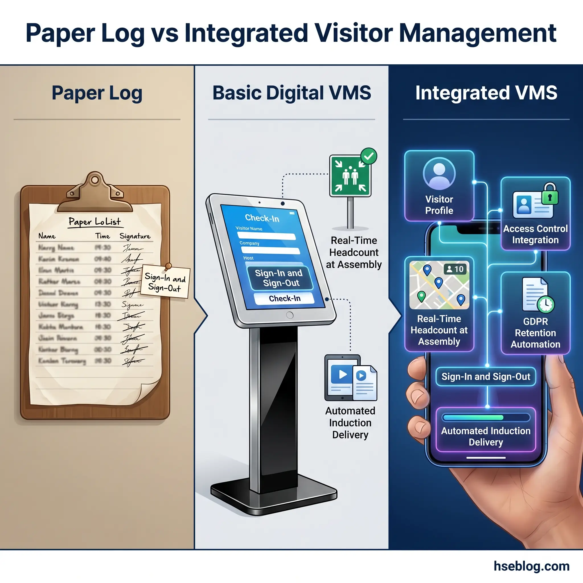 Comparison of three visitor management systems: traditional paper clipboard log, basic digital VMS kiosk with check-in and automated induction, and integrated VMS mobile app with visitor profiles, access control, real-time headcount, and GDPR compliance features.