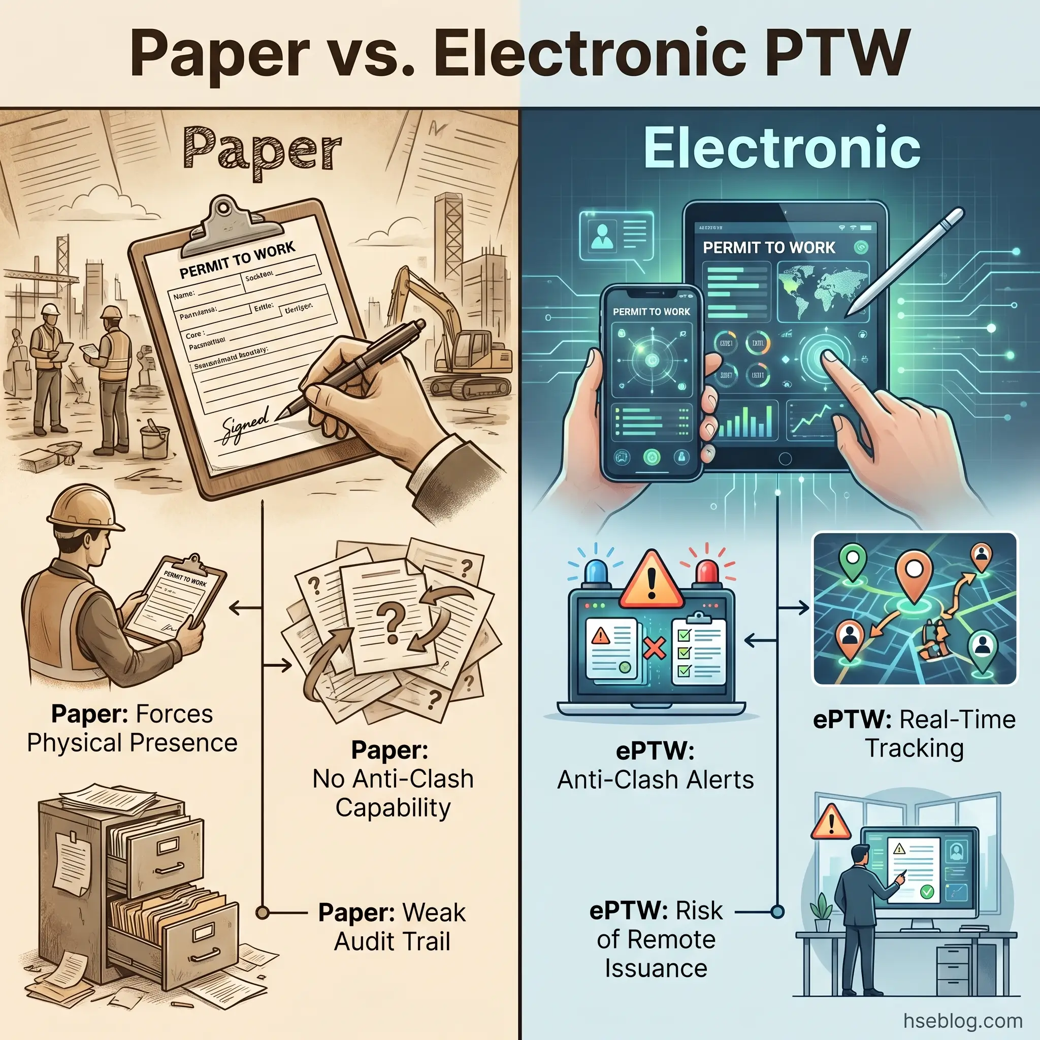 Comparison infographic showing paper permit to work systems with physical presence and weak audit trails versus electronic PTW systems with anti-clash alerts, real-time tracking, and remote issuance capabilities.