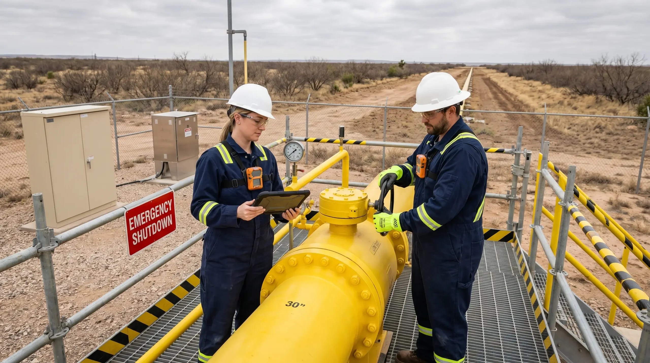 Two workers in safety gear inspect a large yellow natural gas pipeline at a remote compressor station, with one holding a tablet while reviewing operational data.