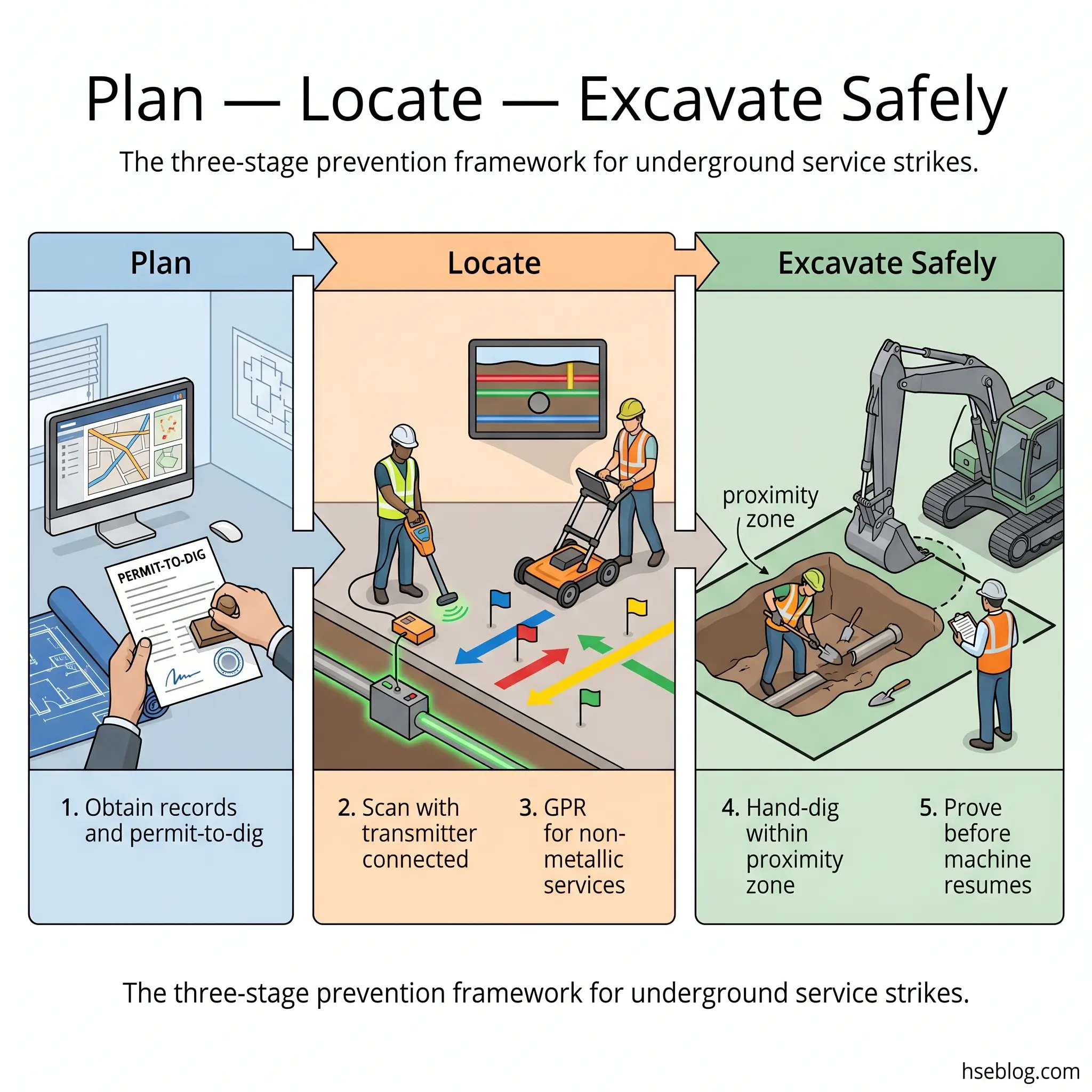 Three-stage prevention framework for underground service strikes showing planning with permits, locating services using scanning and GPR, and safe excavation with hand-digging and proximity zones.