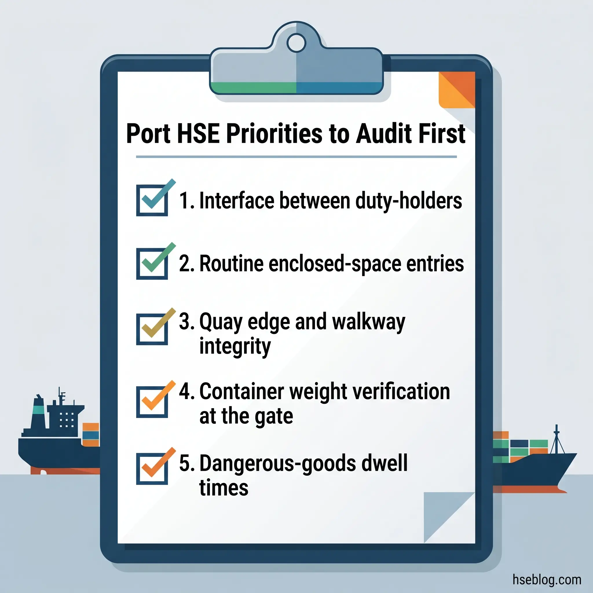Clipboard showing five Port Health and Safety priorities to audit first, including duty-holder interfaces, enclosed spaces, quay integrity, container weights, and dangerous goods, with shipping vessels illustrated on sides.