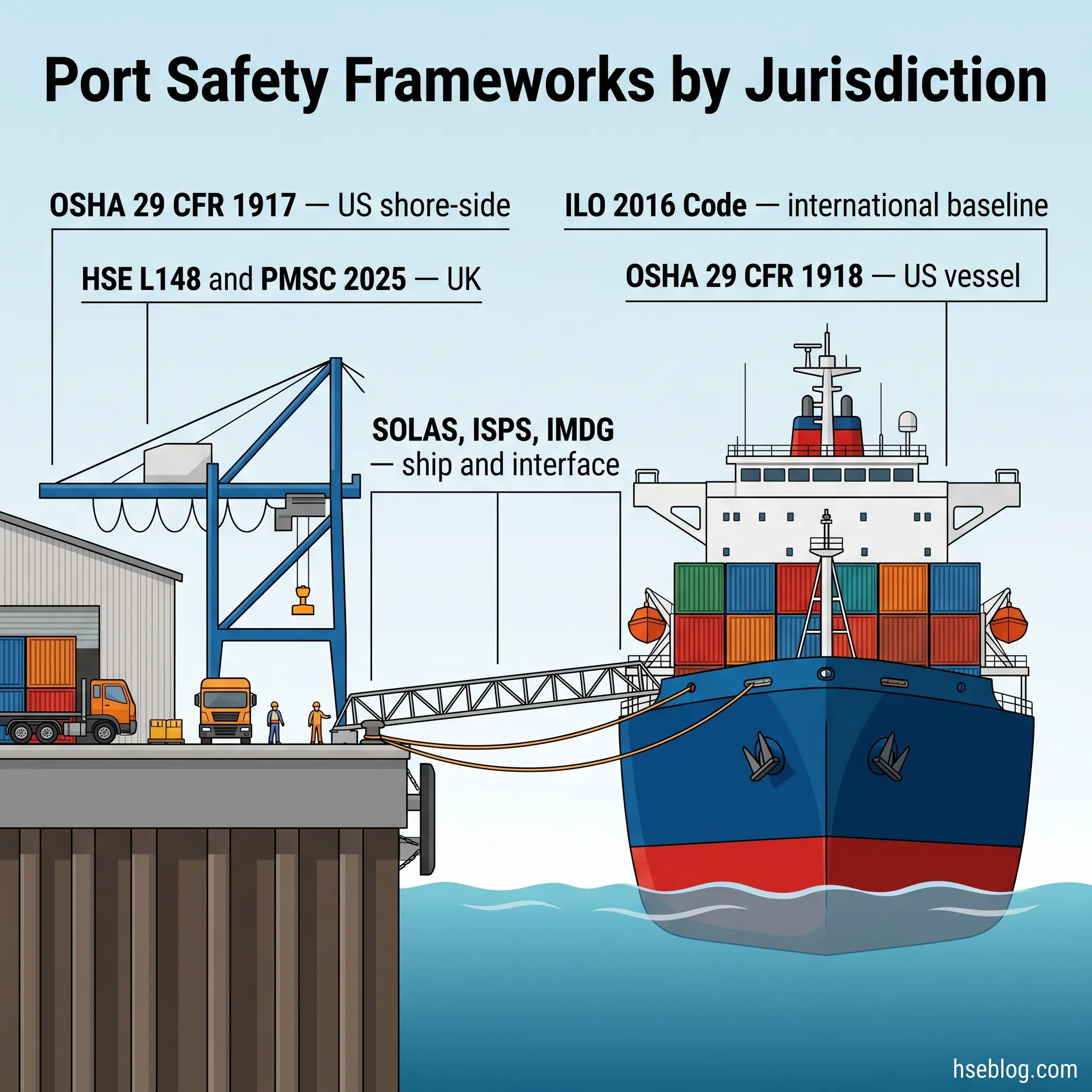 Infographic showing port safety frameworks by jurisdiction, depicting a cargo ship docked at a container terminal with regulatory standards labeled for US shore-side, US vessel, UK, and international operations.