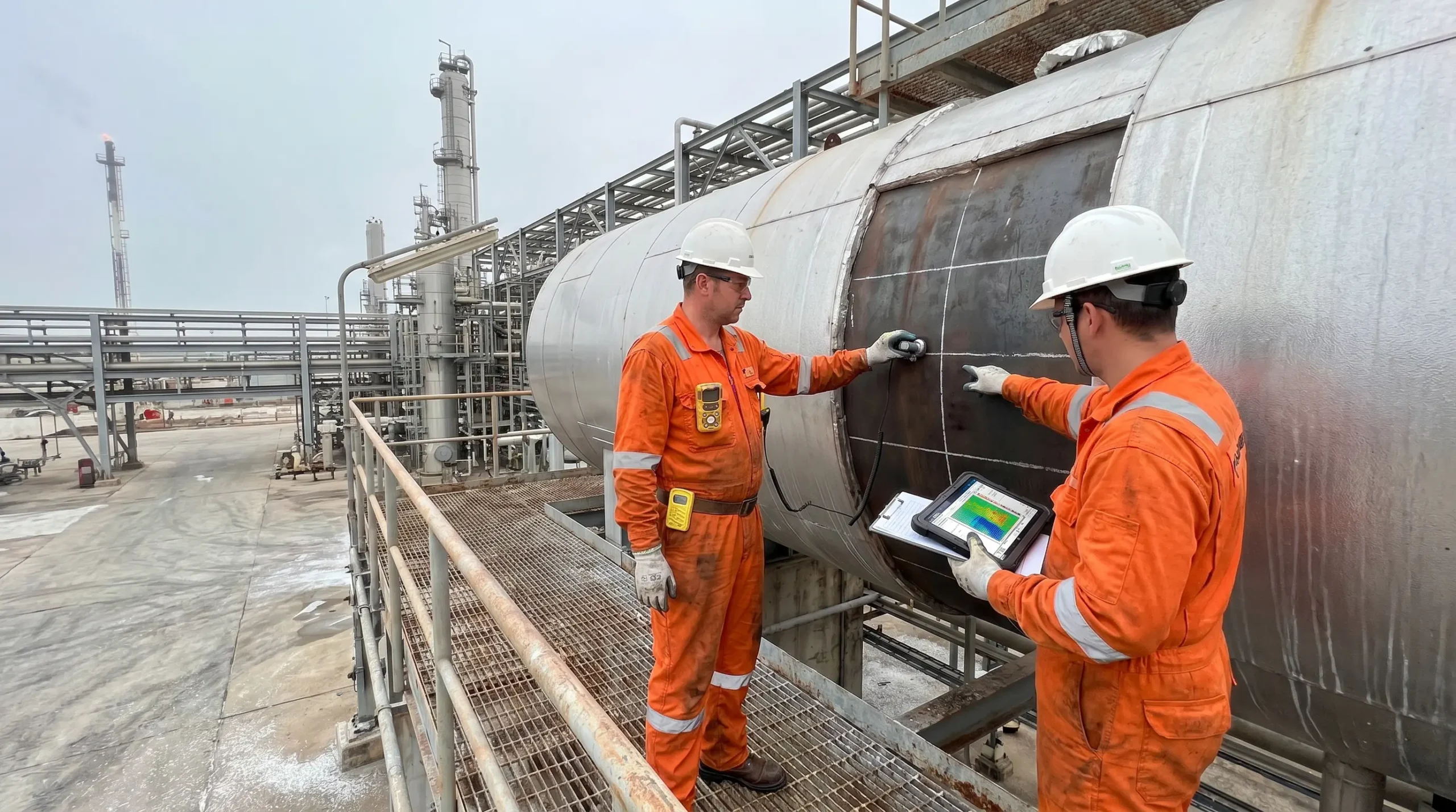 Two workers in orange safety suits and hard hats inspect a large industrial storage tank at a refinery facility using thermal imaging equipment and a tablet device.