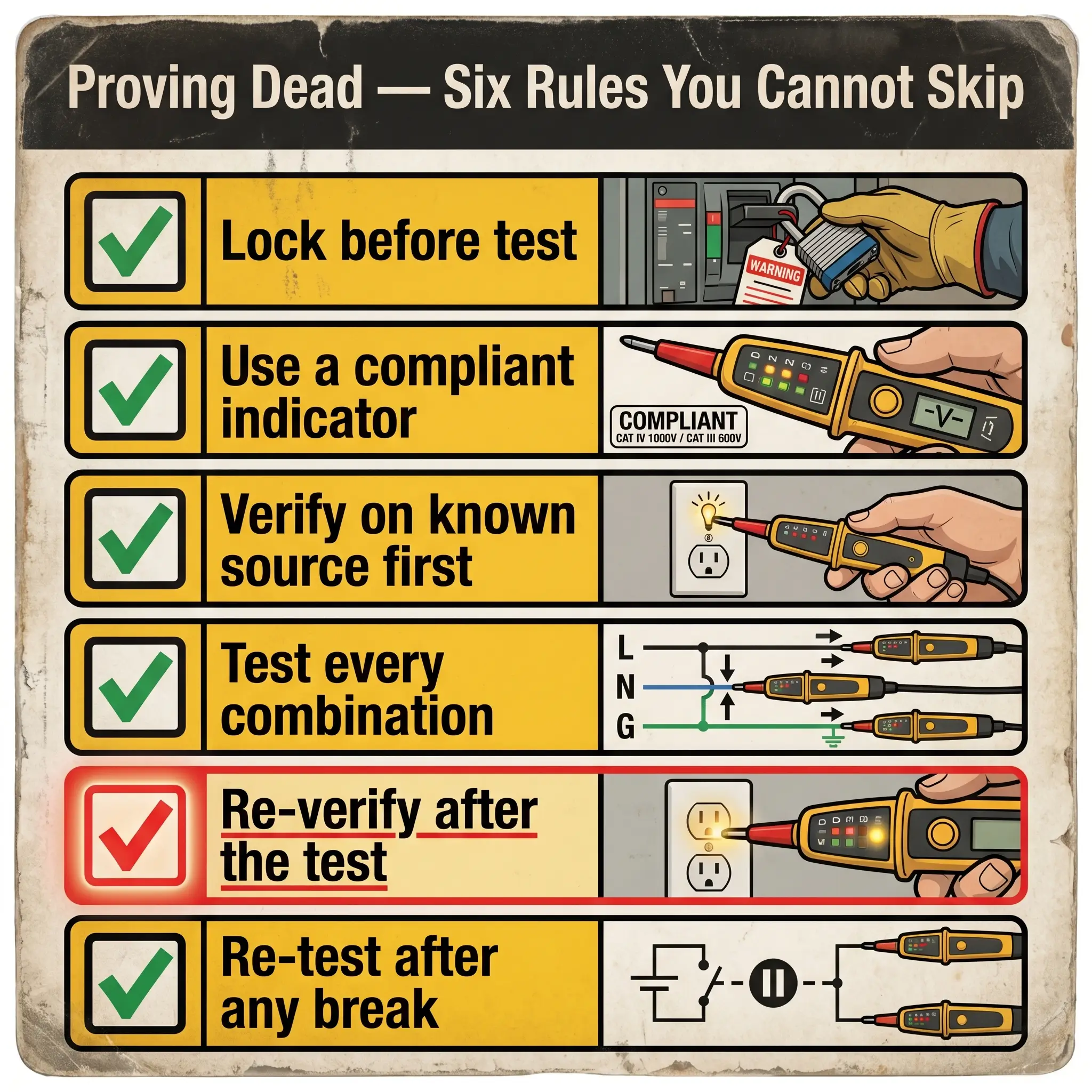 Safety poster displaying six essential rules for electrical testing with voltage indicators, including locking equipment, using compliant tools, and verification procedures illustrated with diagrams.