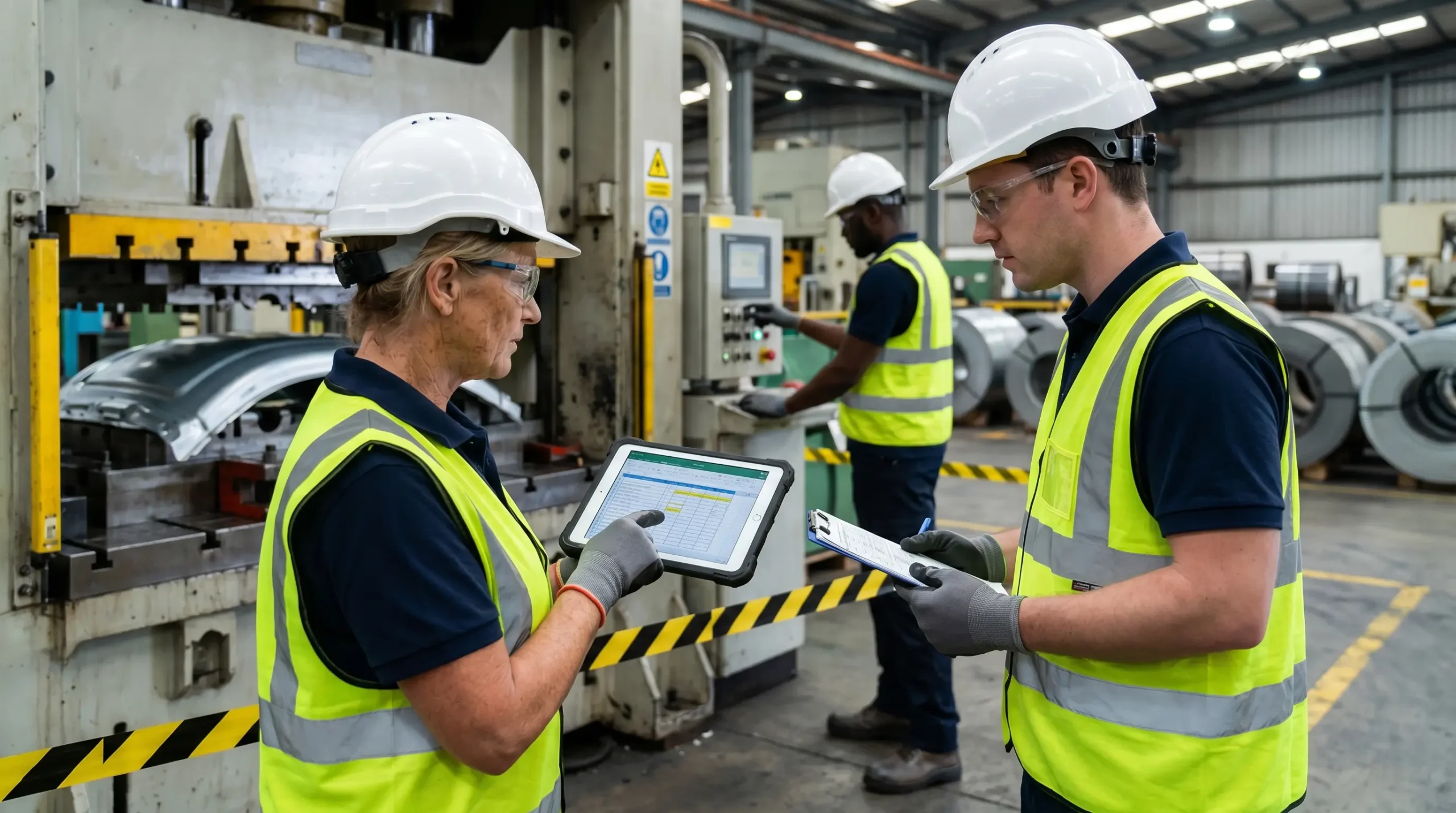 Two workers in safety gear discuss manufacturing operations in an industrial factory, with one holding a tablet while another reviews documents, with colleagues visible in the background near machinery.