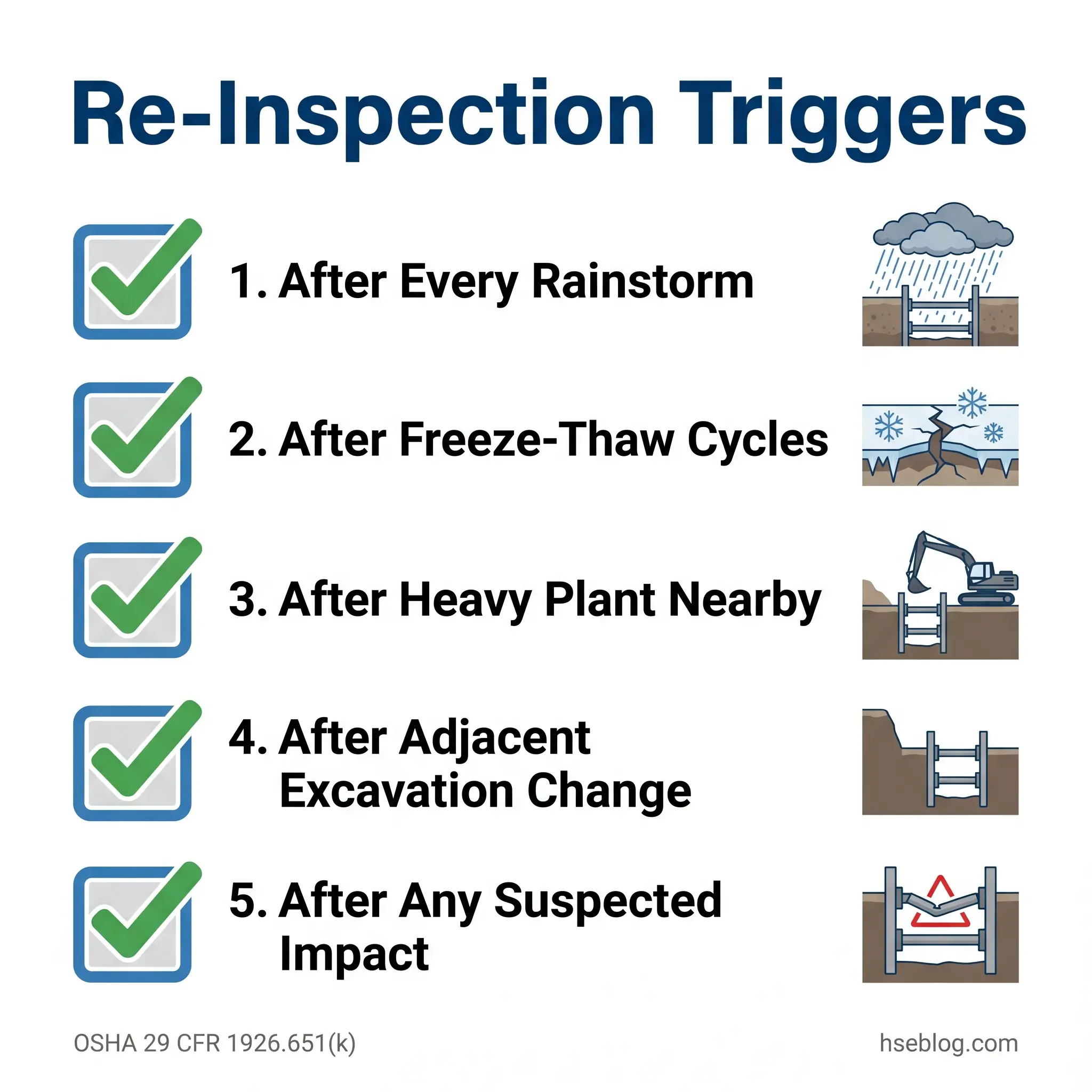 Infographic listing five re-inspection triggers for stormwater systems: after rainstorms, freeze-thaw cycles, heavy plant activity, adjacent excavation changes, and suspected impacts, each with corresponding visual icons.