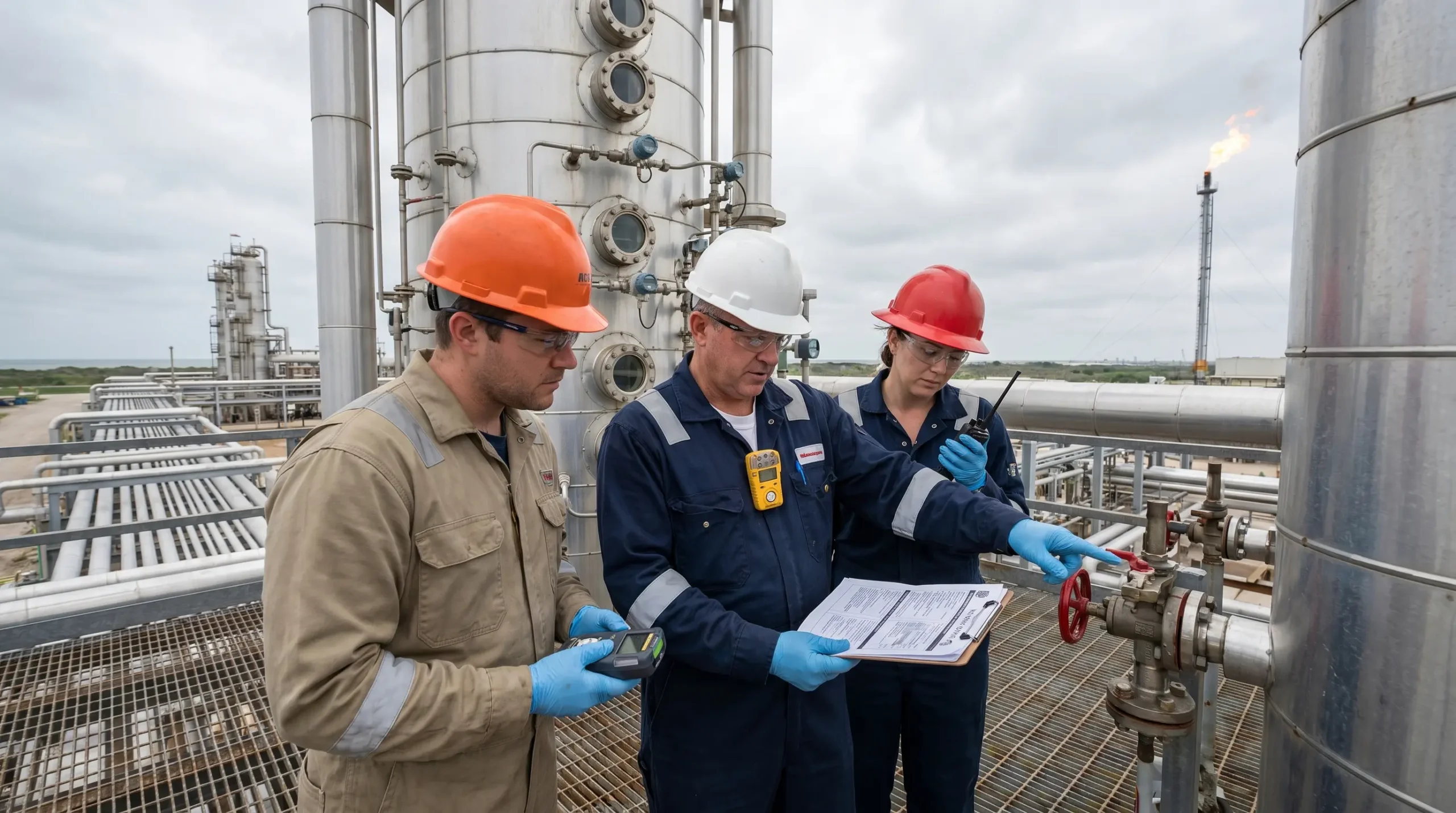 Three industrial workers in safety helmets and gloves inspect equipment on an oil and gas refinery platform, reviewing documentation near large storage tanks and piping systems.
