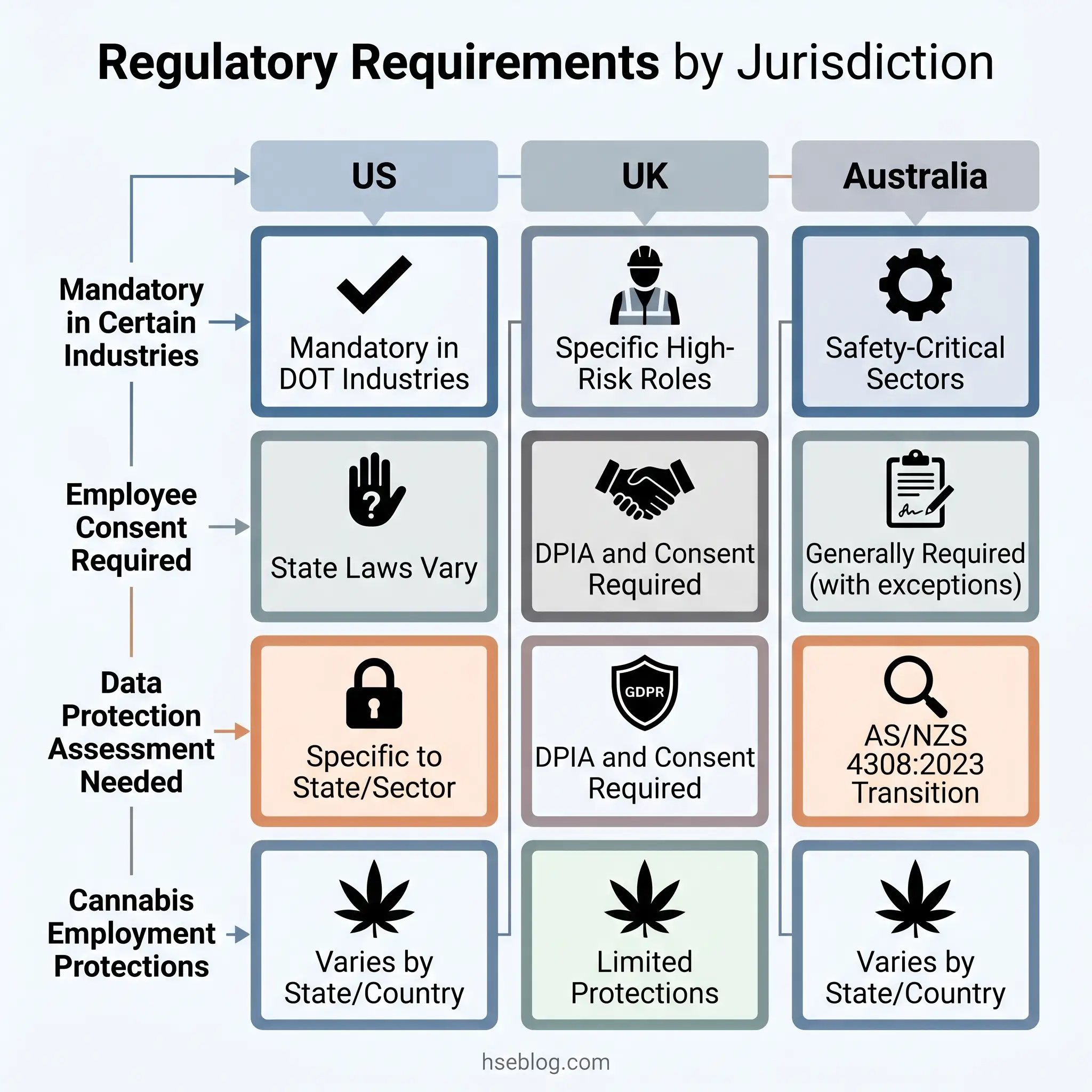 Comparison chart of drug testing regulatory requirements across US, UK, and Australia jurisdictions, covering mandatory testing, employee consent, data protection, and cannabis employment policies.