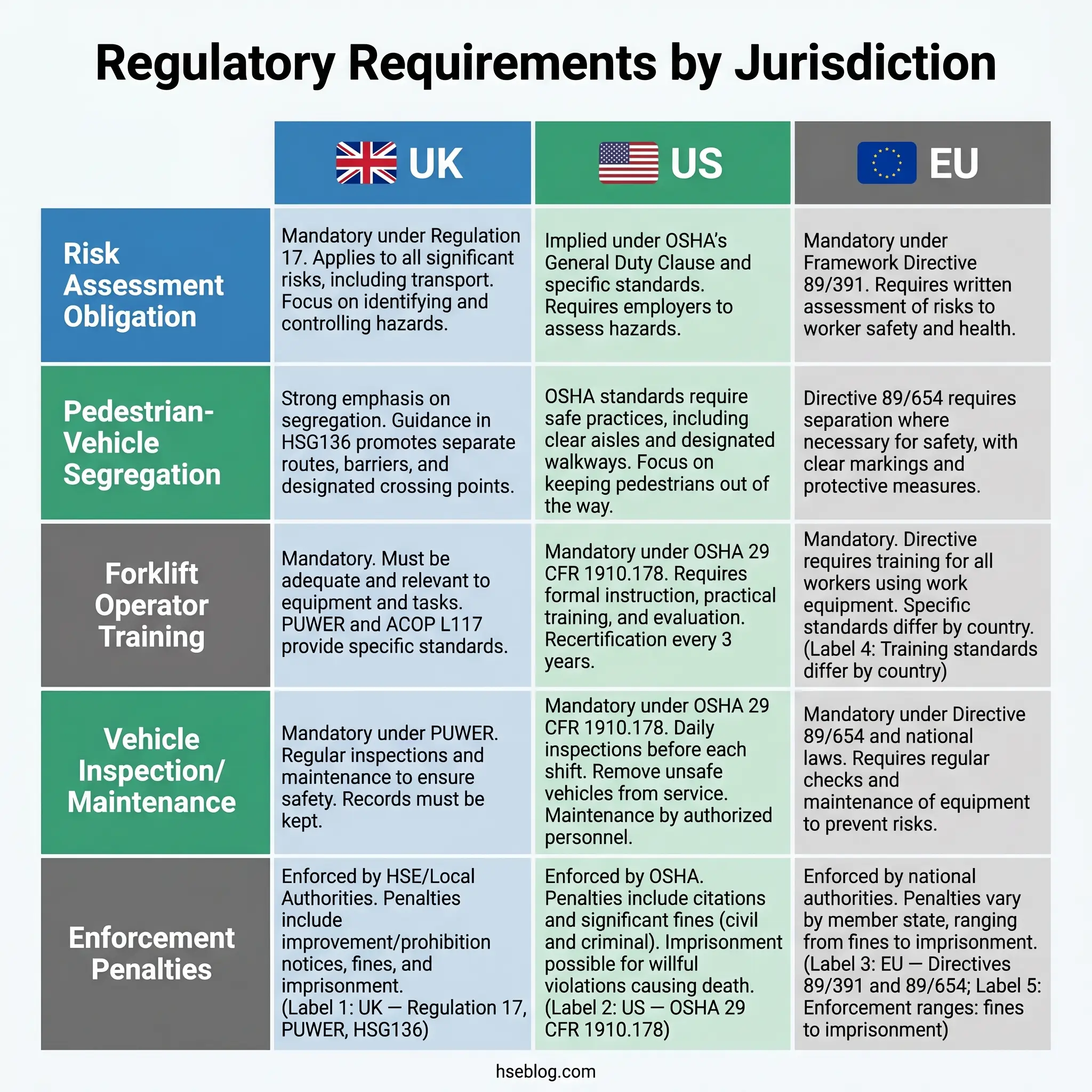 Comparison table of workplace safety and vehicle regulatory requirements across UK, US, and EU jurisdictions, covering risk assessment, pedestrian segregation, forklift training, vehicle inspection, and enforcement penalties.