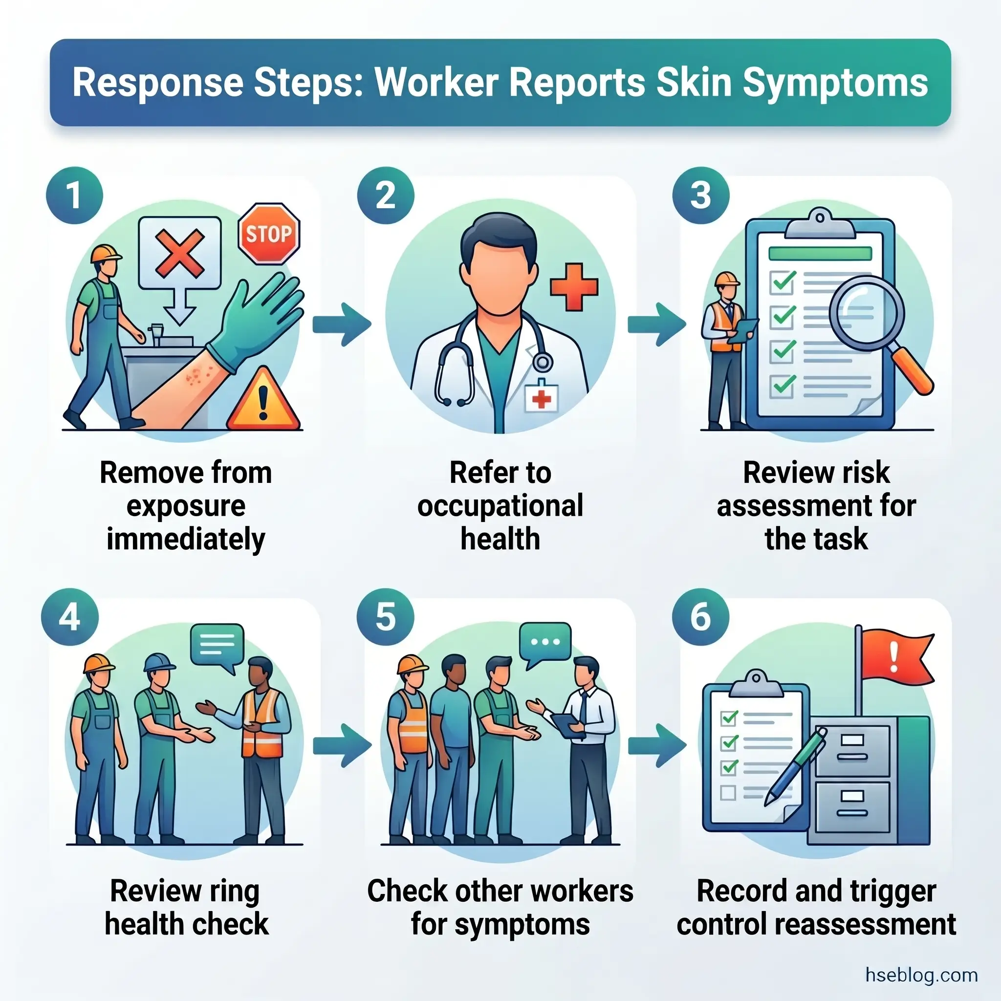 Six-step infographic showing workplace response procedures when a worker reports skin symptoms, from immediate removal from exposure through medical referral, risk assessment, health checks, coworker screening, and documentation.