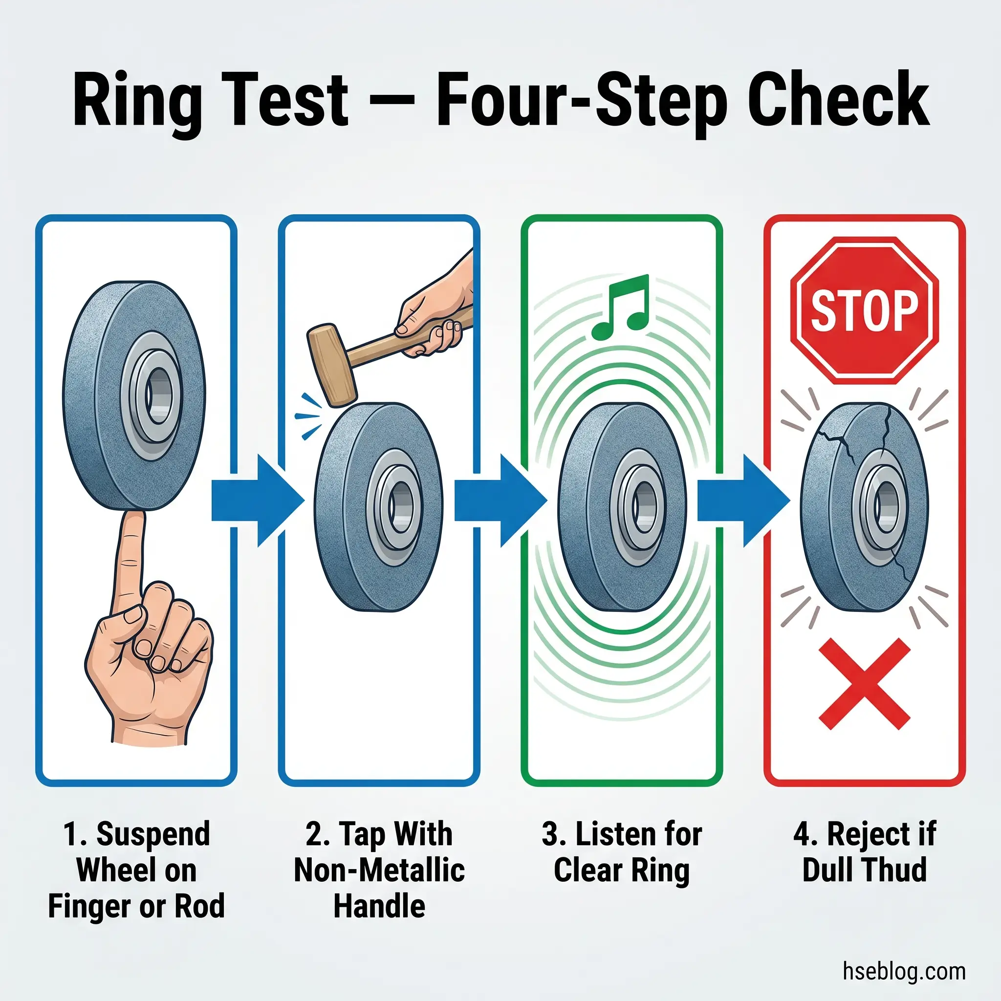 Four-step ring test procedure for grinding wheels showing suspension on finger, tapping with wooden handle, listening for clear ringing sound, and rejecting wheels with dull thud indicating damage.