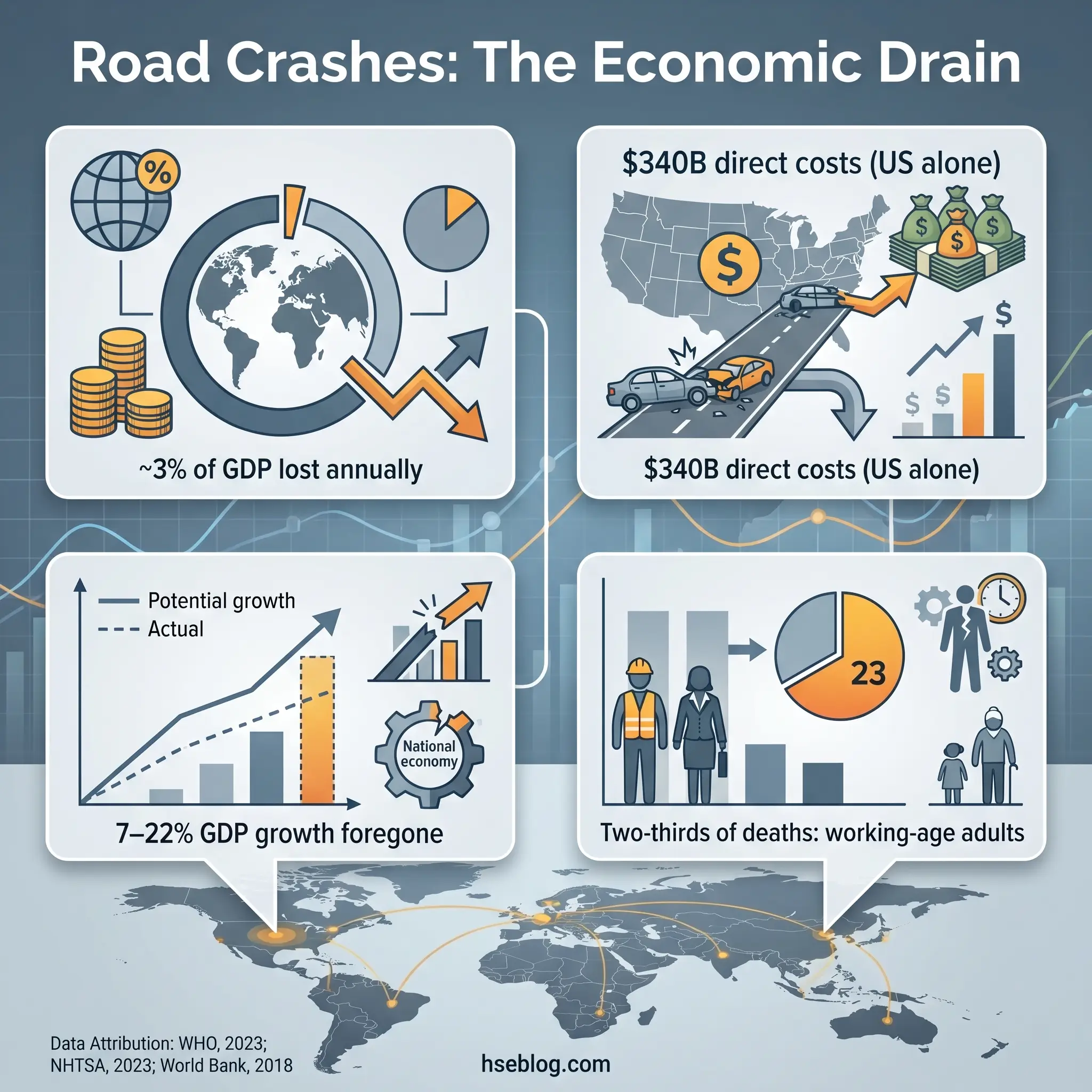 Infographic showing the economic impact of road crashes globally, including $340B in US direct costs, 3% annual GDP loss, 7-22% foregone GDP growth, and statistics on crash-related deaths among working-age adults.