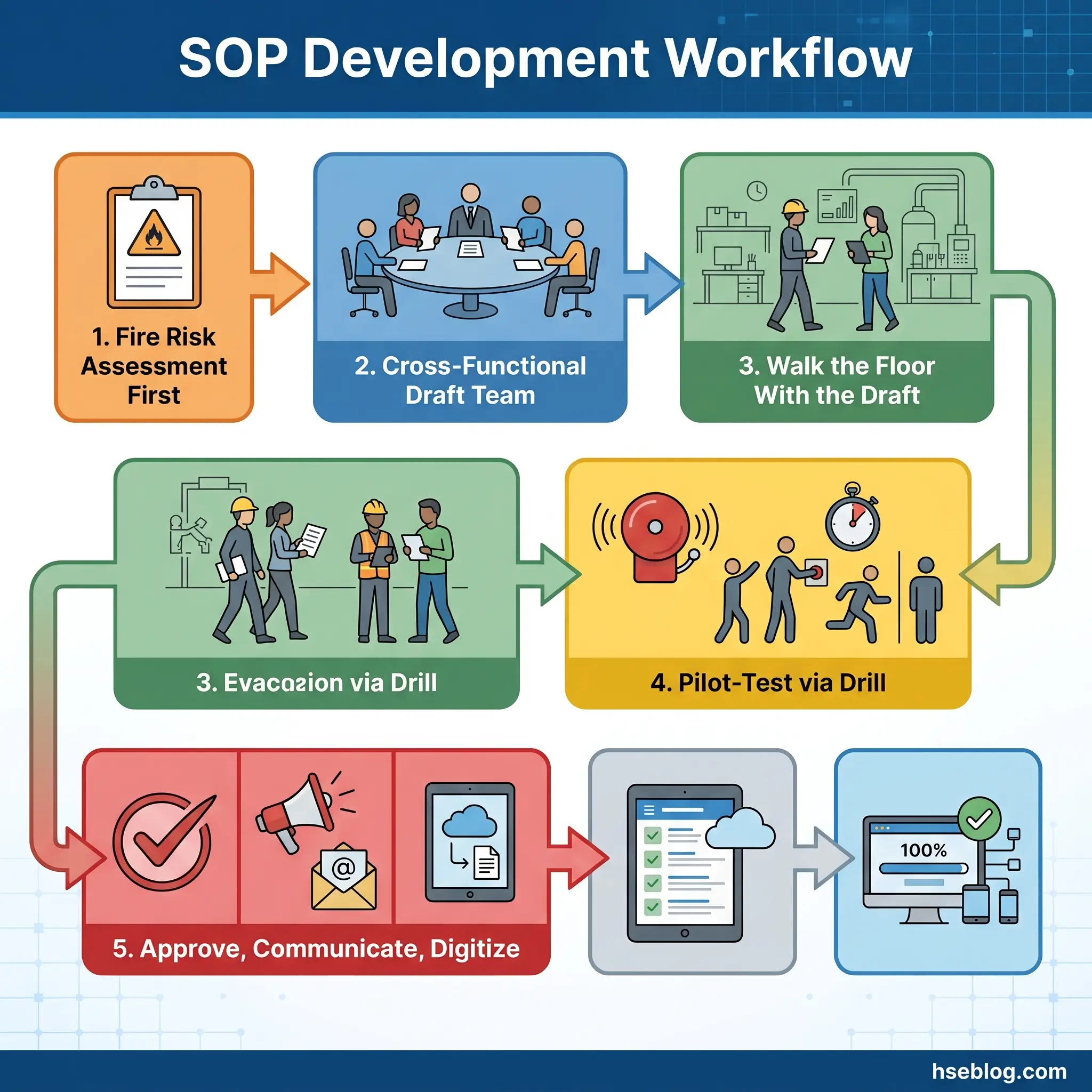 Flowchart showing five sequential steps of SOP development: fire risk assessment, cross-functional team drafting, floor walk-through, evacuation drill pilot test, and approval with communication and digitization.