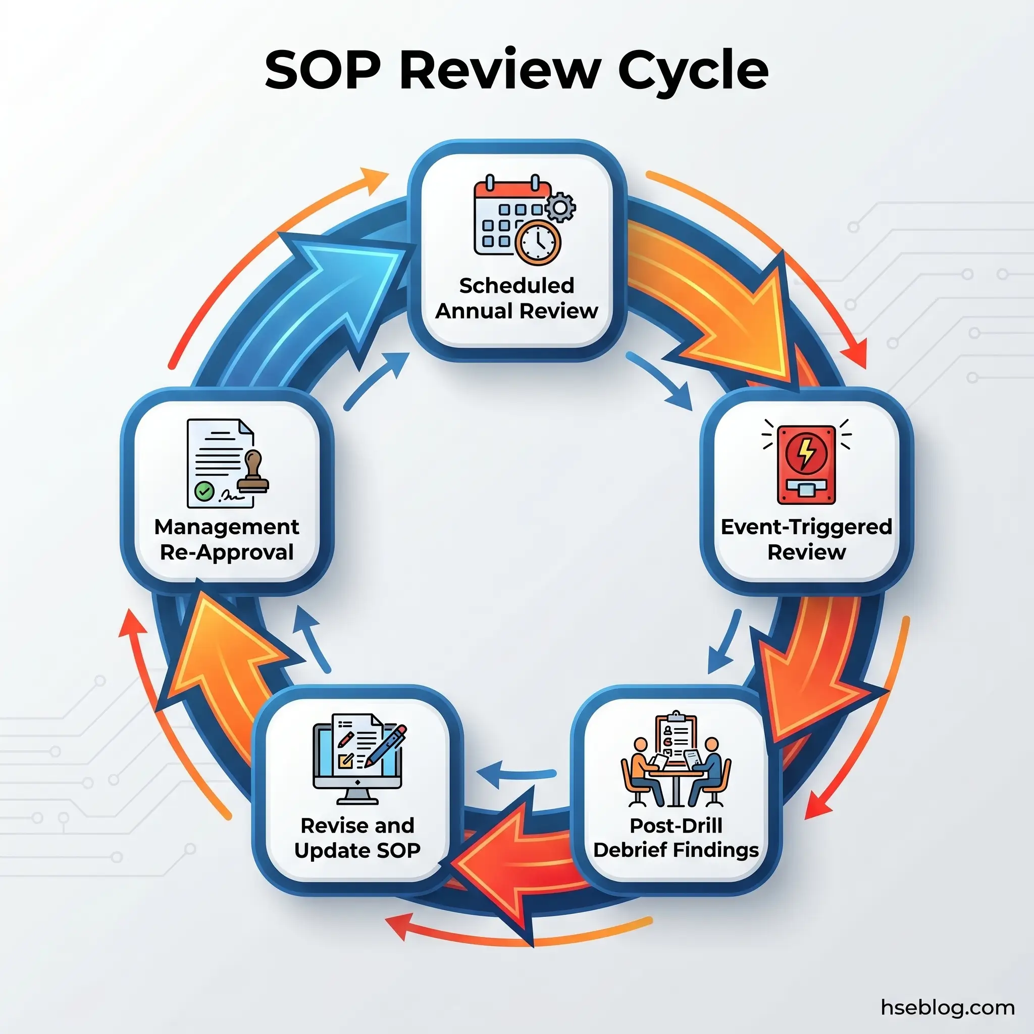 Circular diagram showing the five stages of the SOP Review Cycle: Scheduled Annual Review, Event-Triggered Review, Post-Drill Debrief Findings, Revise and Update SOP, and Management Re-Approval, connected by directional arrows.