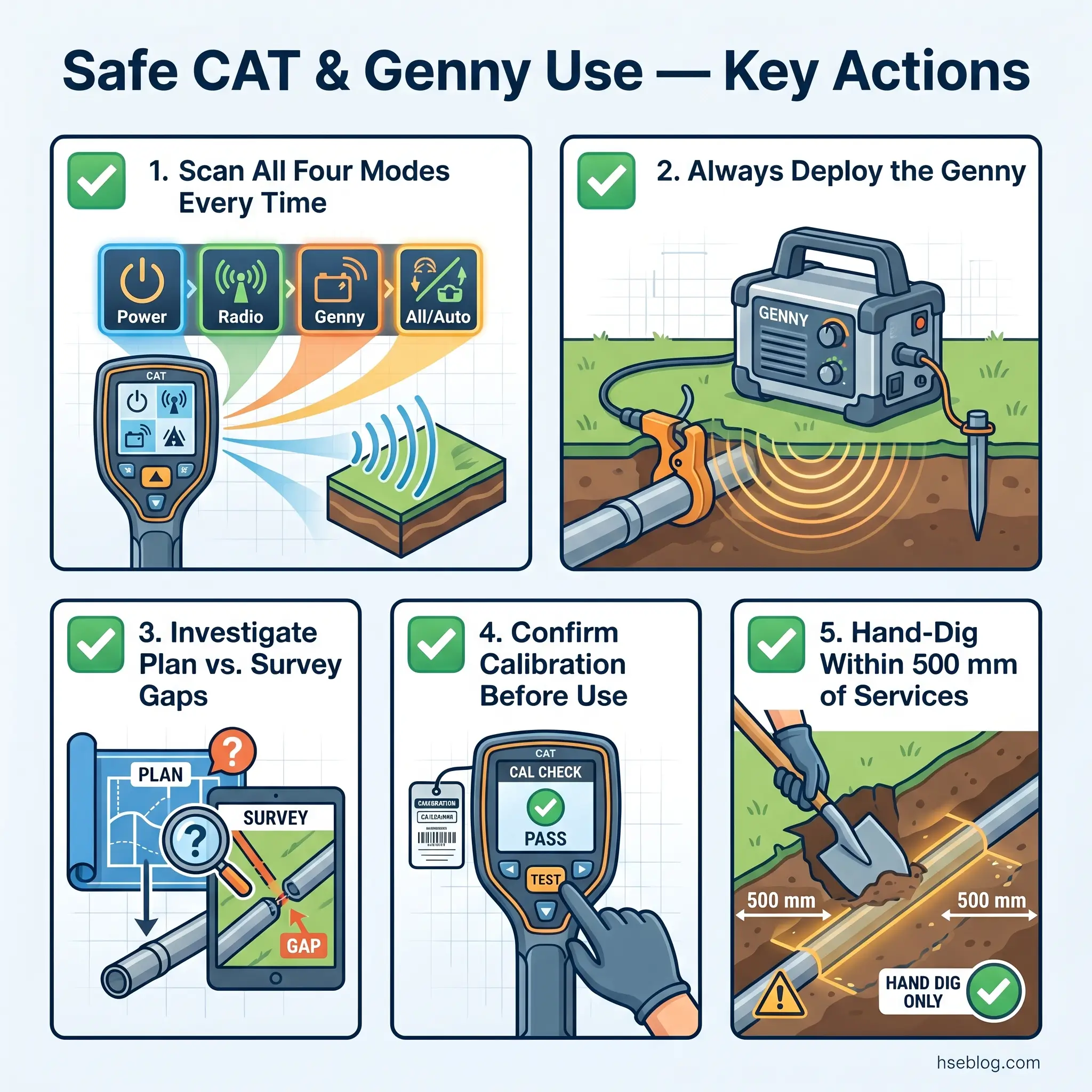 Infographic showing five key safety actions for CAT and Genny use: scanning all four modes, deploying the Genny device, investigating plan versus survey gaps, confirming calibration before use, and hand-digging within 500mm of services.