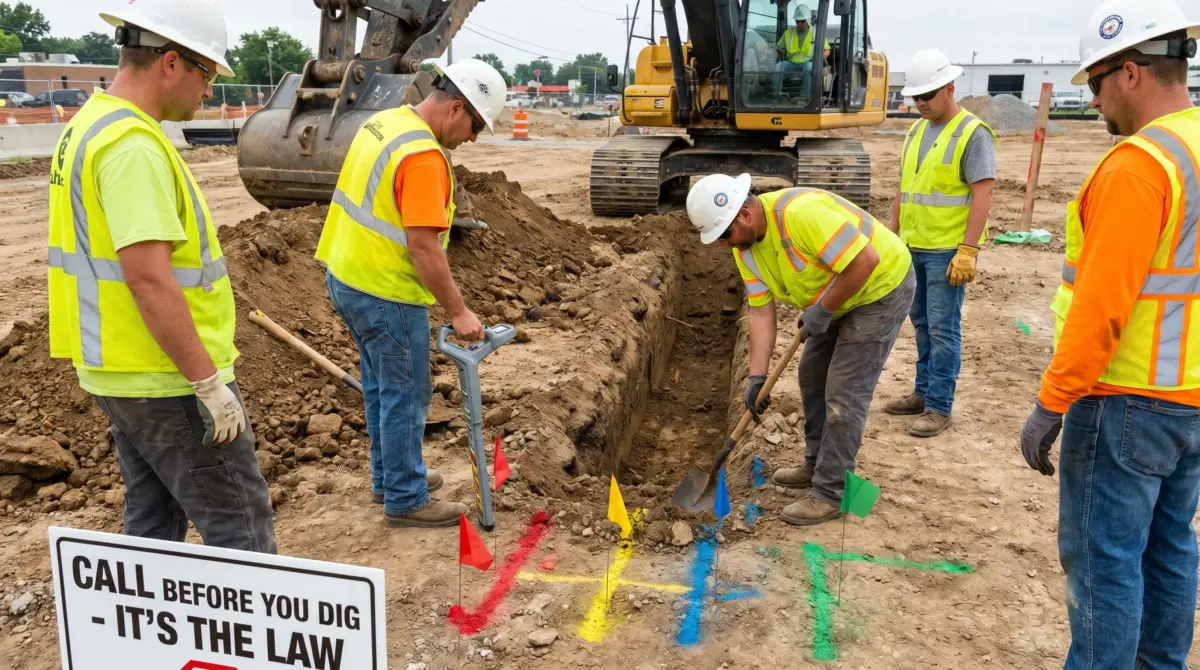 Construction workers in safety vests and hard hats use a jackhammer to break ground at an excavation site, with colorful utility line markings visible on the soil and heavy equipment in the background.