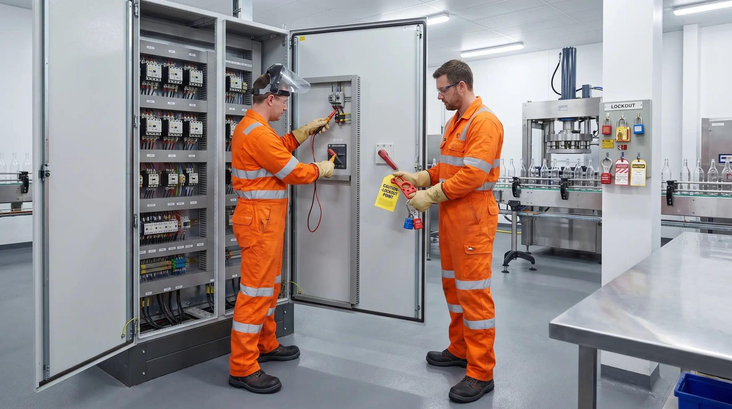 Two electricians in orange safety suits work on electrical panels in an industrial facility, with one testing equipment while the other holds a caution tag near control systems.