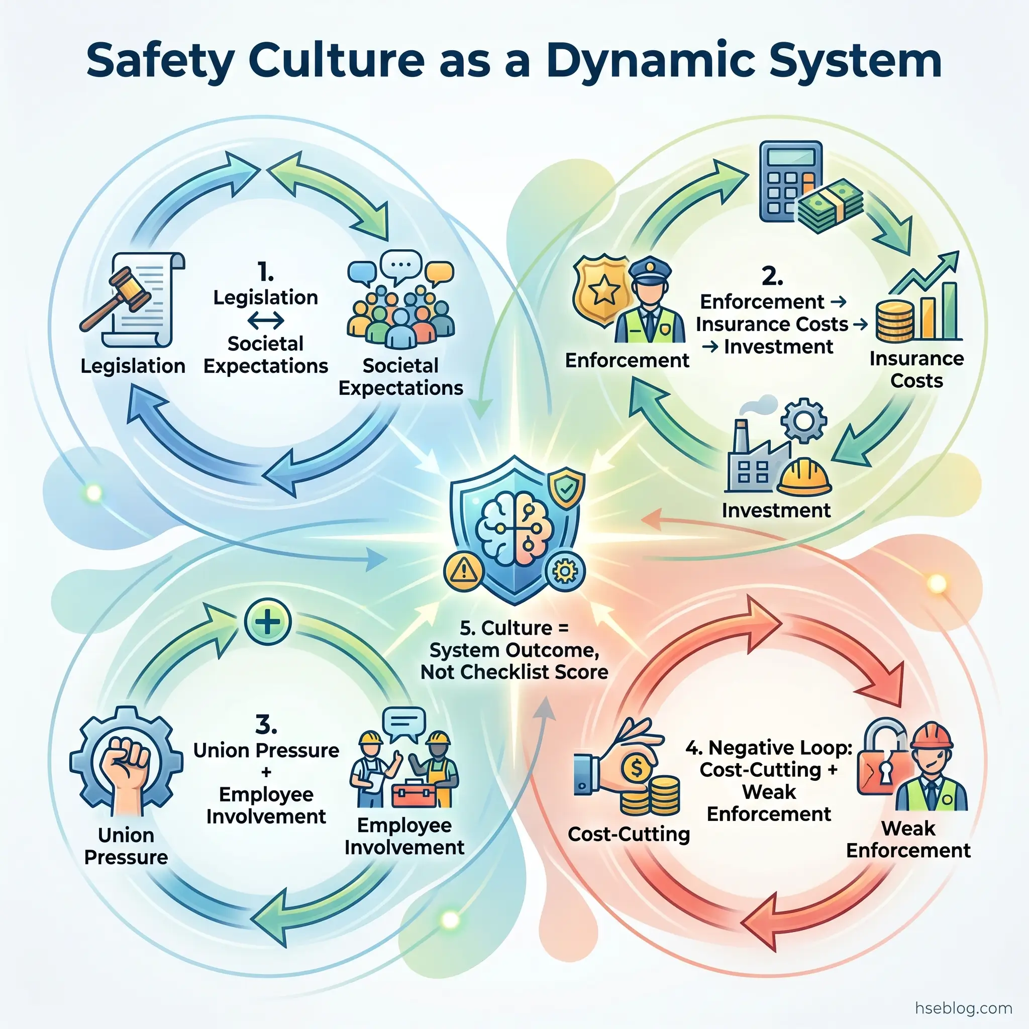 Circular diagram illustrating safety culture as a dynamic system with four interconnected components: legislation and societal expectations, enforcement and insurance costs, union pressure and employee involvement, and a negative feedback loop of cost-cutting and weak enforcement.