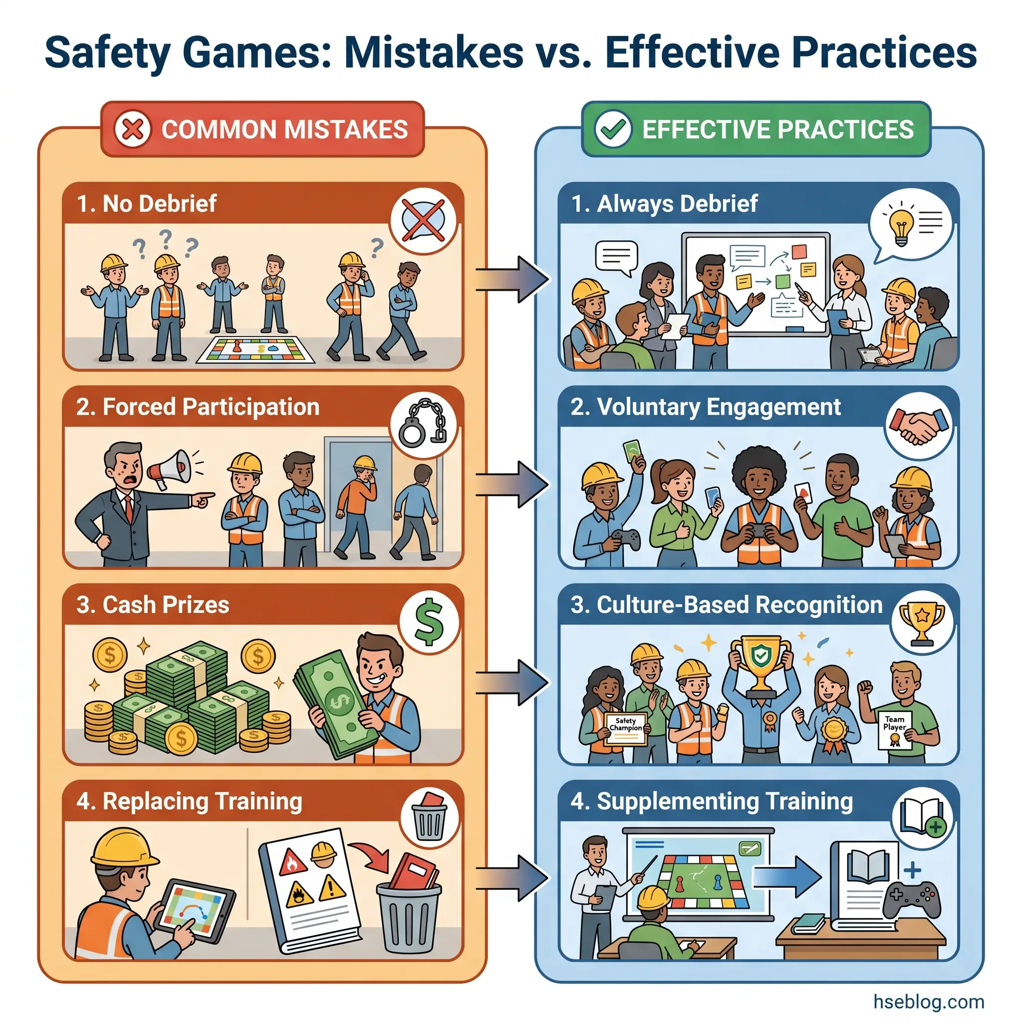 Infographic comparing four common safety game mistakes—no debrief, forced participation, cash prizes, and replacing training—with four effective practices: always debrief, voluntary engagement, culture-based recognition, and supplementing training.