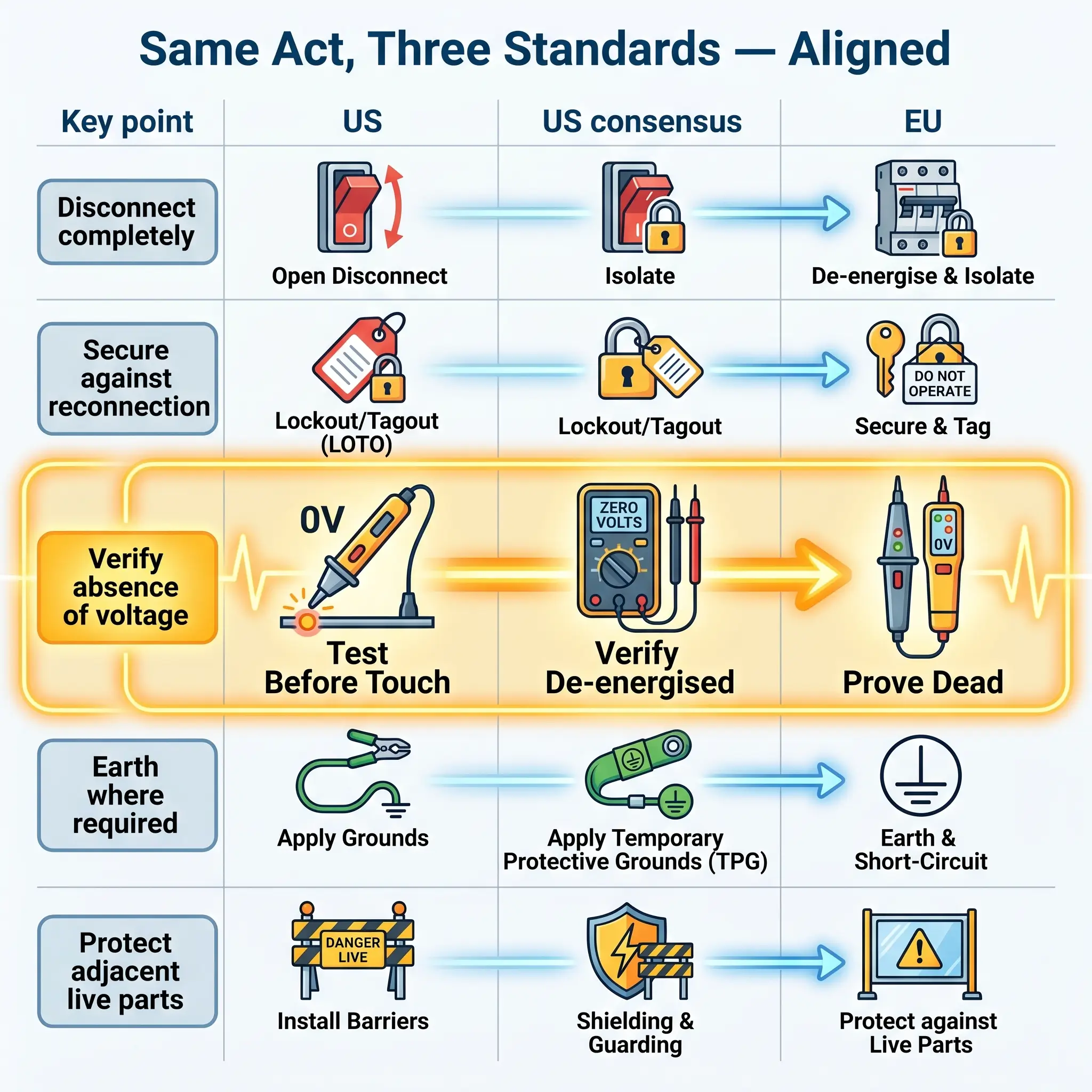 Comparison chart showing six electrical safety standards across US, US consensus, and EU regulations, including disconnect methods, lockout procedures, voltage verification, grounding, and protection against live parts.