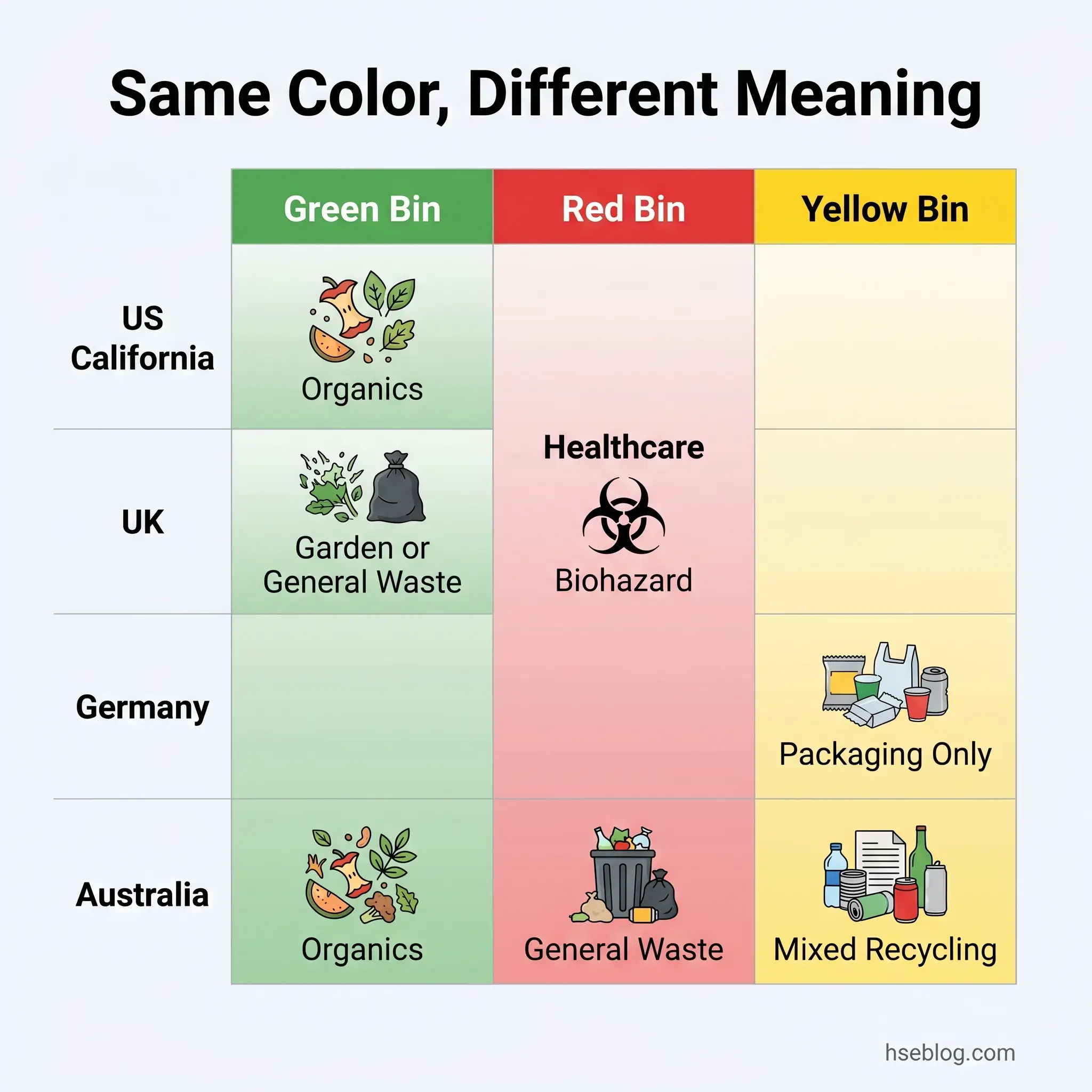 Comparison chart showing waste bin color meanings across four countries: California uses green for organics, red for healthcare, yellow for general waste; UK uses green for garden waste, red for biohazards; Germany uses yellow for packaging; Australia uses green for organics, red for general waste, yellow for mixed recycling.