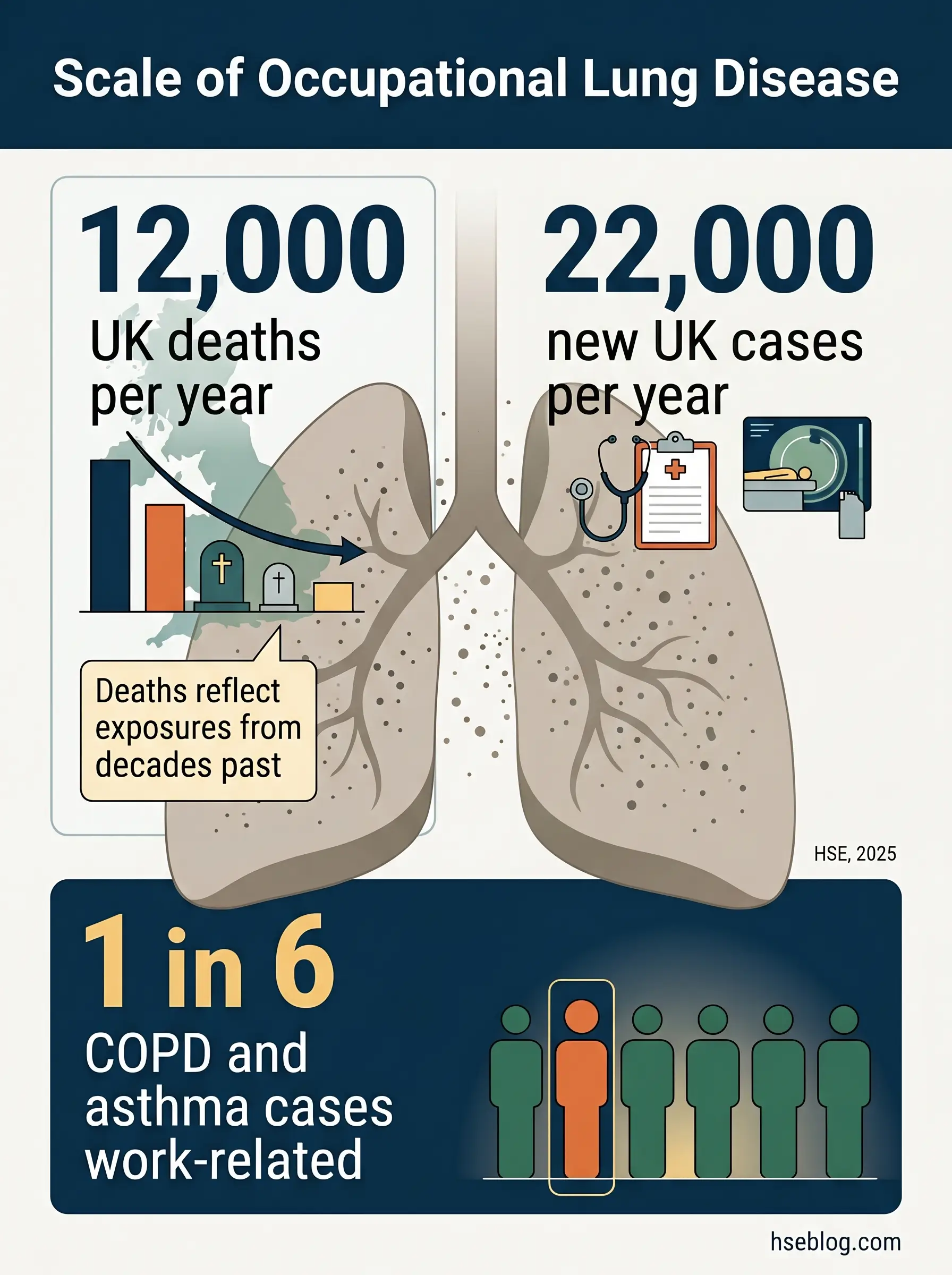 Infographic showing UK occupational lung disease statistics: 12,000 deaths per year, 22,000 new cases annually, with 1 in 6 COPD and asthma cases work-related, illustrated with lung diagram and medical icons.