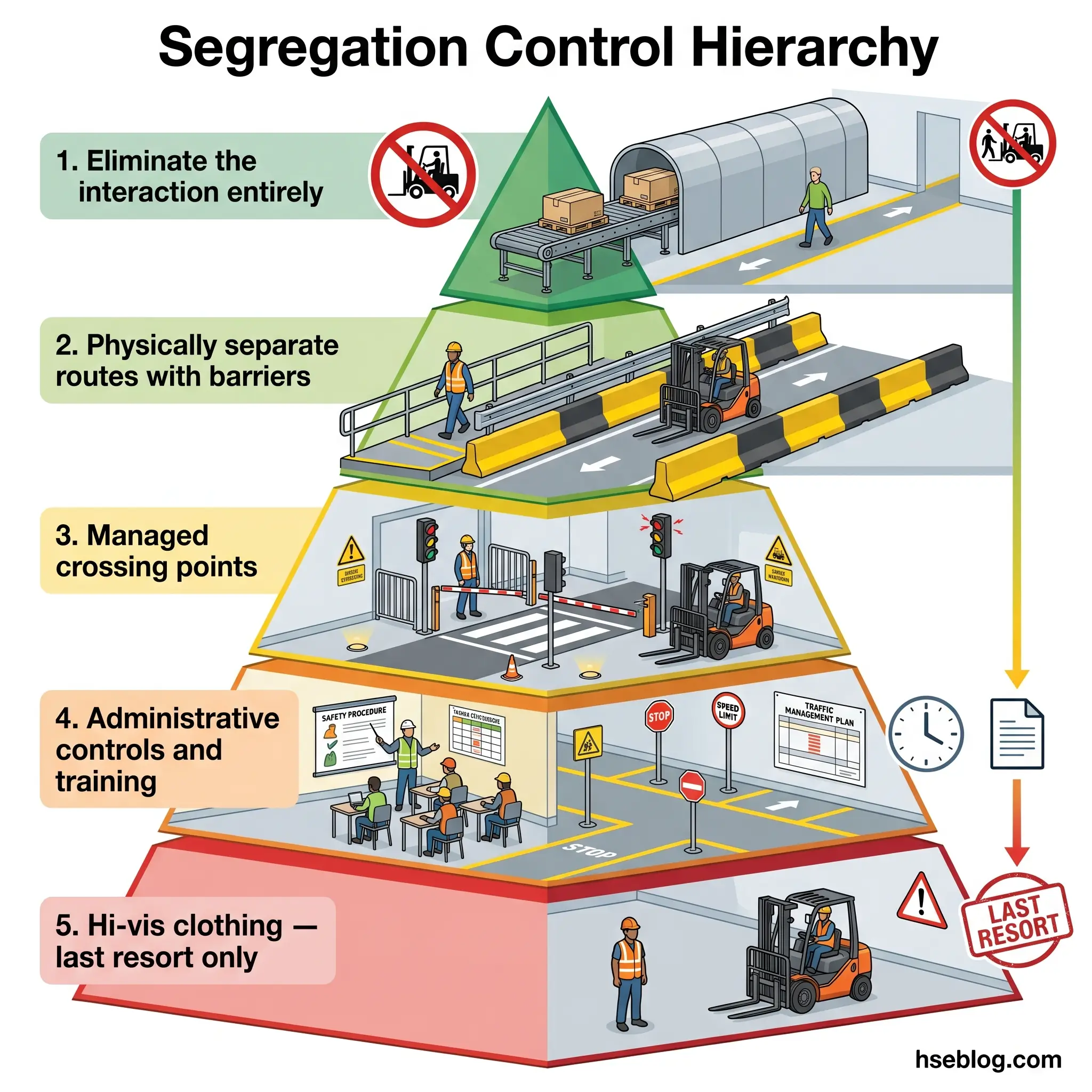 Hierarchical pyramid diagram showing five-level segregation control strategy for workplace safety, from eliminating interactions at top to high-visibility clothing as last resort at bottom, with corresponding warehouse and construction site illustrations.