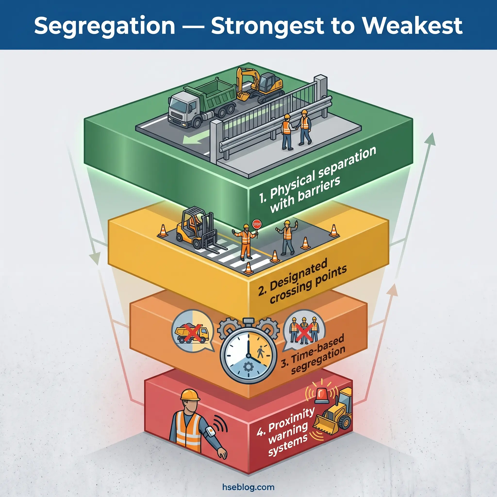 Hierarchical diagram showing four workplace safety segregation methods from strongest to weakest: physical barriers, designated crossing points, time-based scheduling, and proximity warning systems, illustrated with construction site examples.