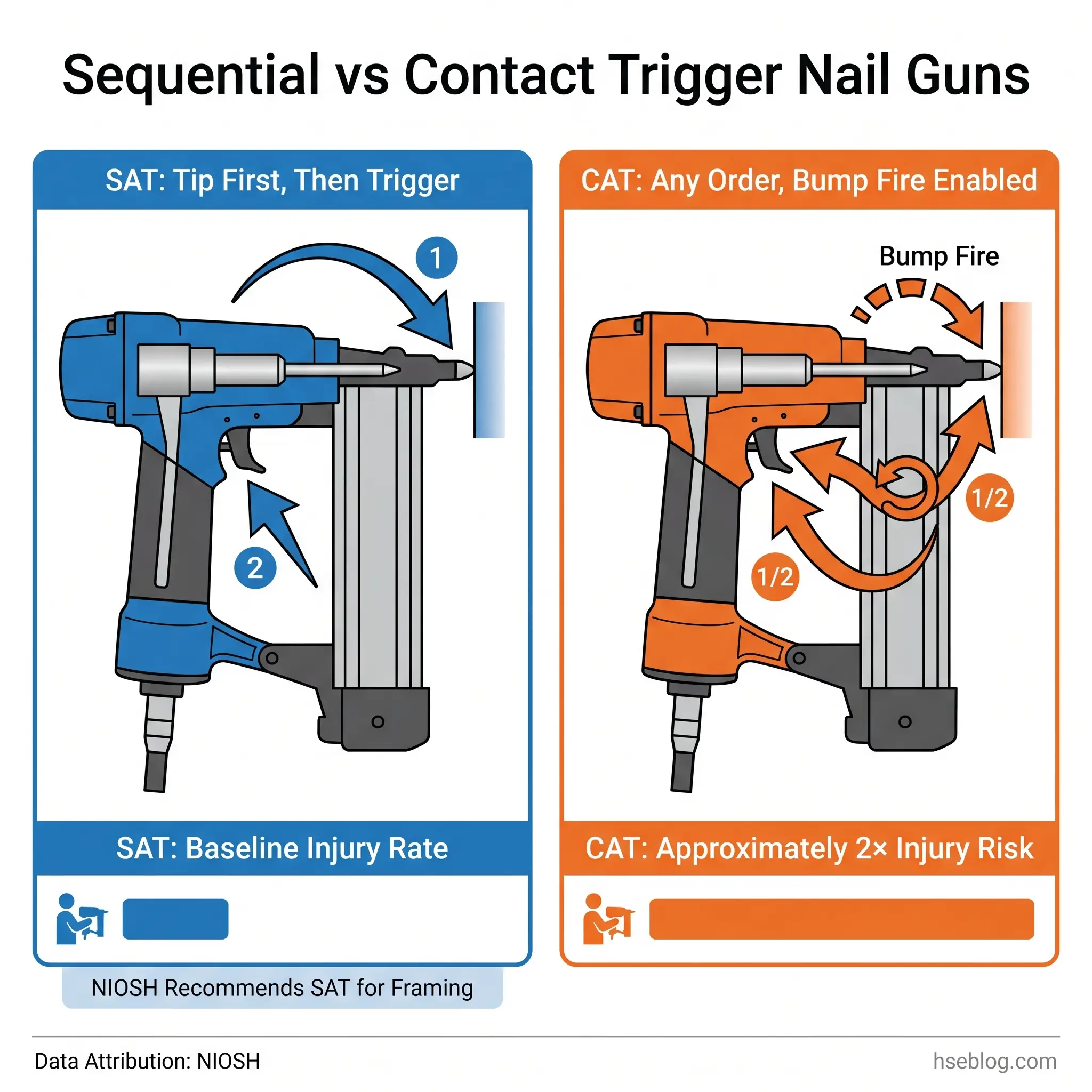 Comparison diagram of sequential trigger and contact trigger nail guns showing operating mechanisms, with SAT having baseline injury rate and CAT having approximately 2x injury risk, as recommended by NIOSH.