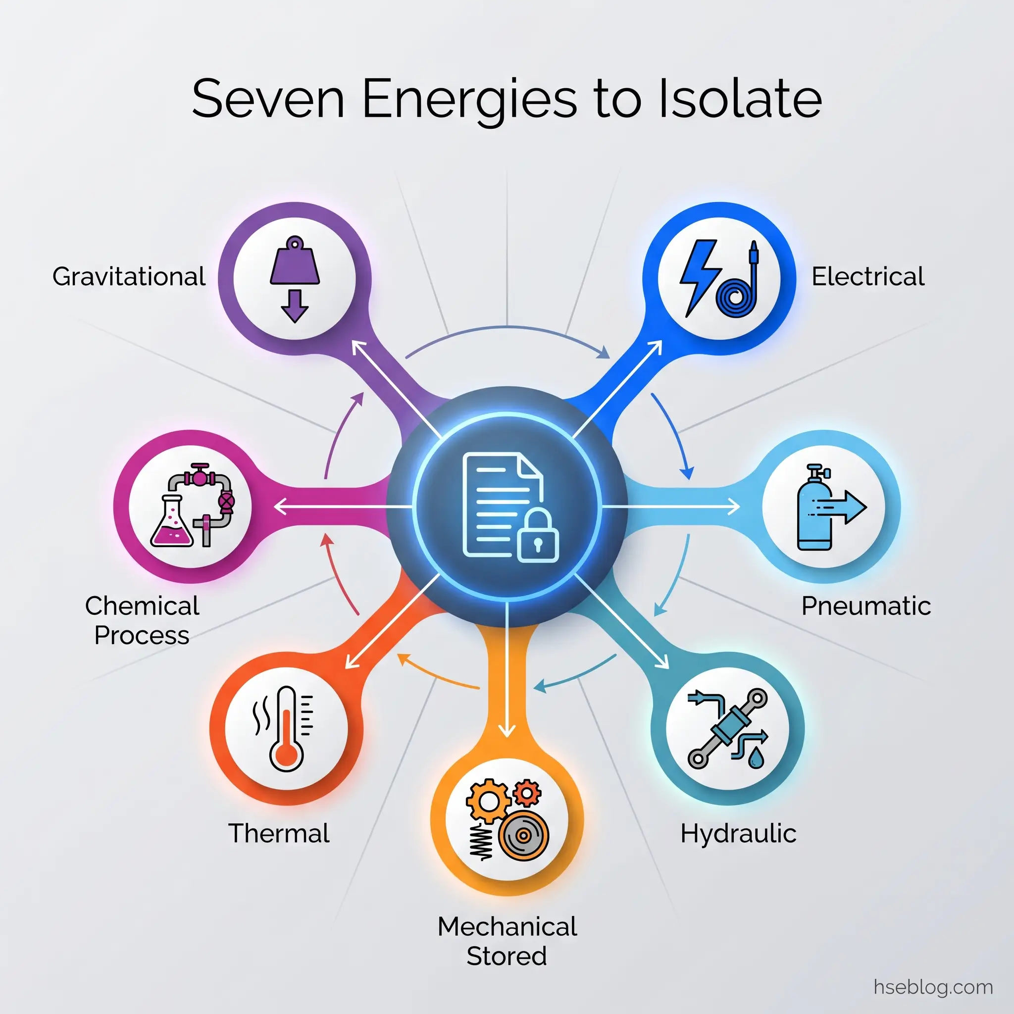 Diagram showing seven types of energy storage methods arranged around a central secure document icon: gravitational, electrical, chemical process, pneumatic, hydraulic, mechanical stored, and thermal energy isolation systems.