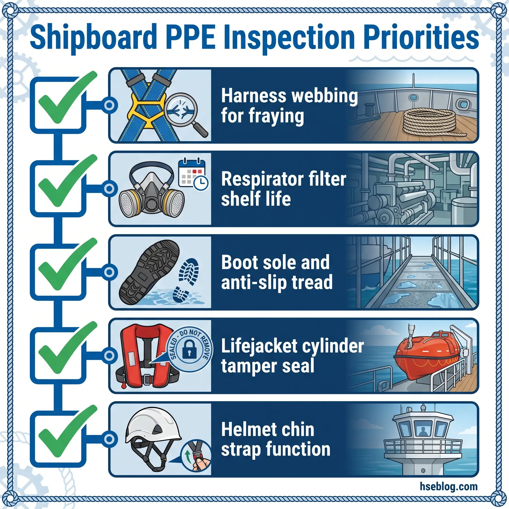 Checklist of five shipboard PPE inspection priorities including harness webbing, respirator filters, boot treads, lifejacket seals, and helmet chin straps with illustrations and maritime vessel scenes.