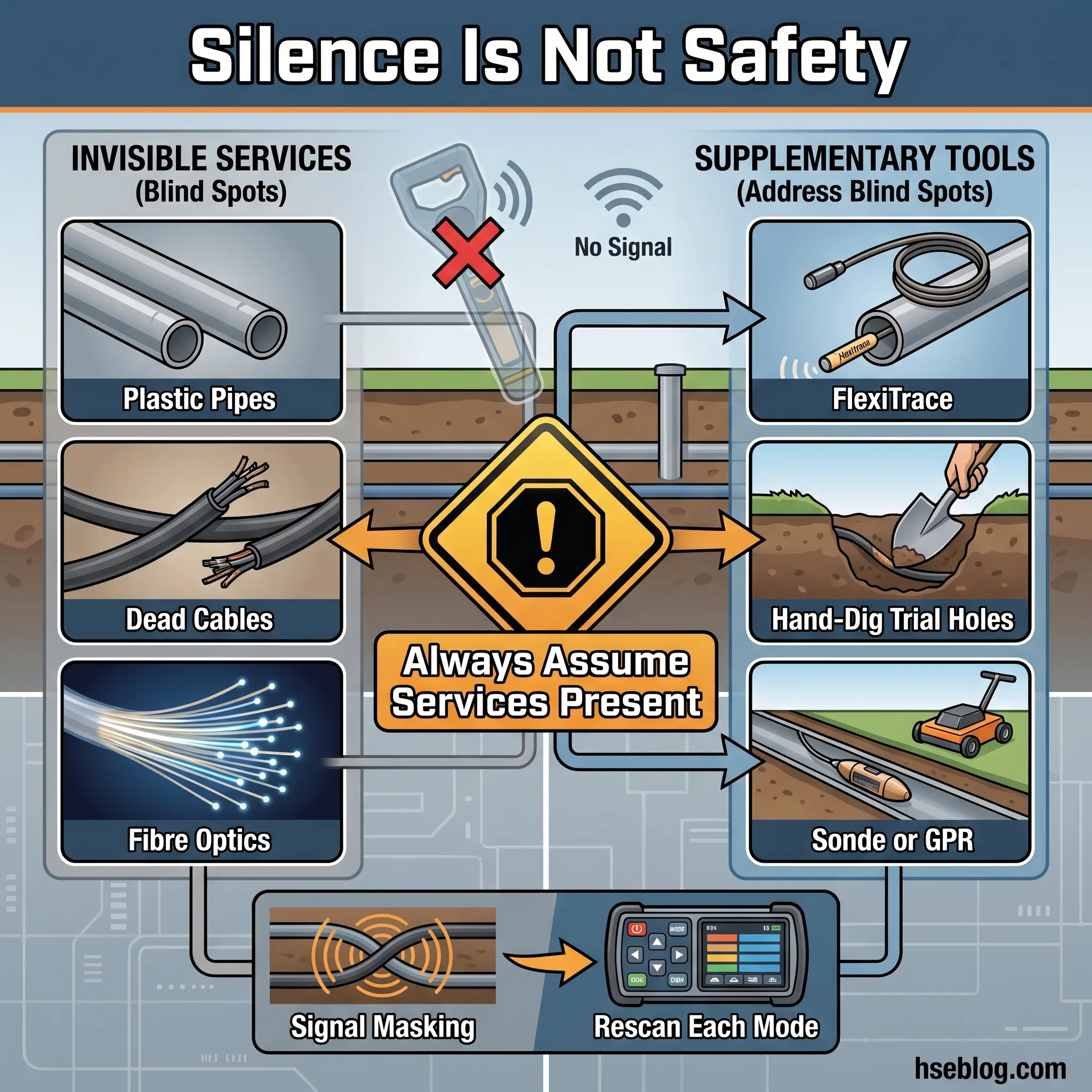 Infographic explaining underground utility location safety, showing invisible services like plastic pipes and cables, supplementary detection tools, and the importance of assuming services are present before digging.