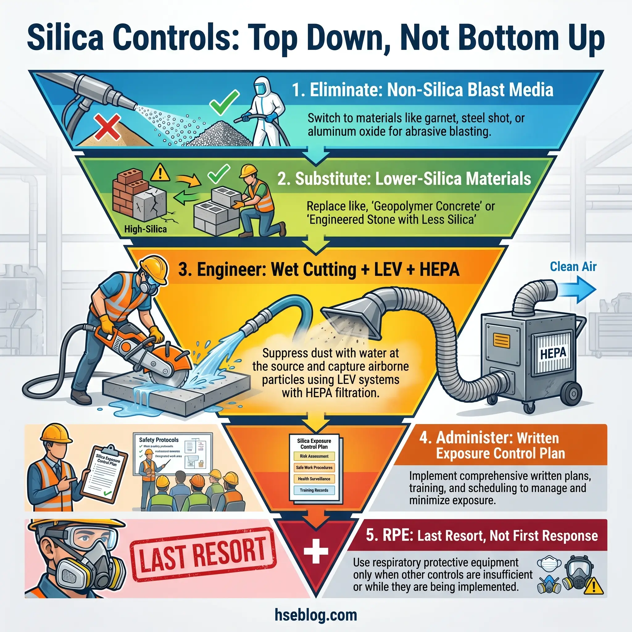 Hierarchical infographic showing silica dust control measures from top to bottom: eliminate non-silica blast media, substitute lower-silica materials, engineer wet cutting with LEV and HEPA filtration, administer written exposure control plans, and use respiratory protective equipment as a last resort.