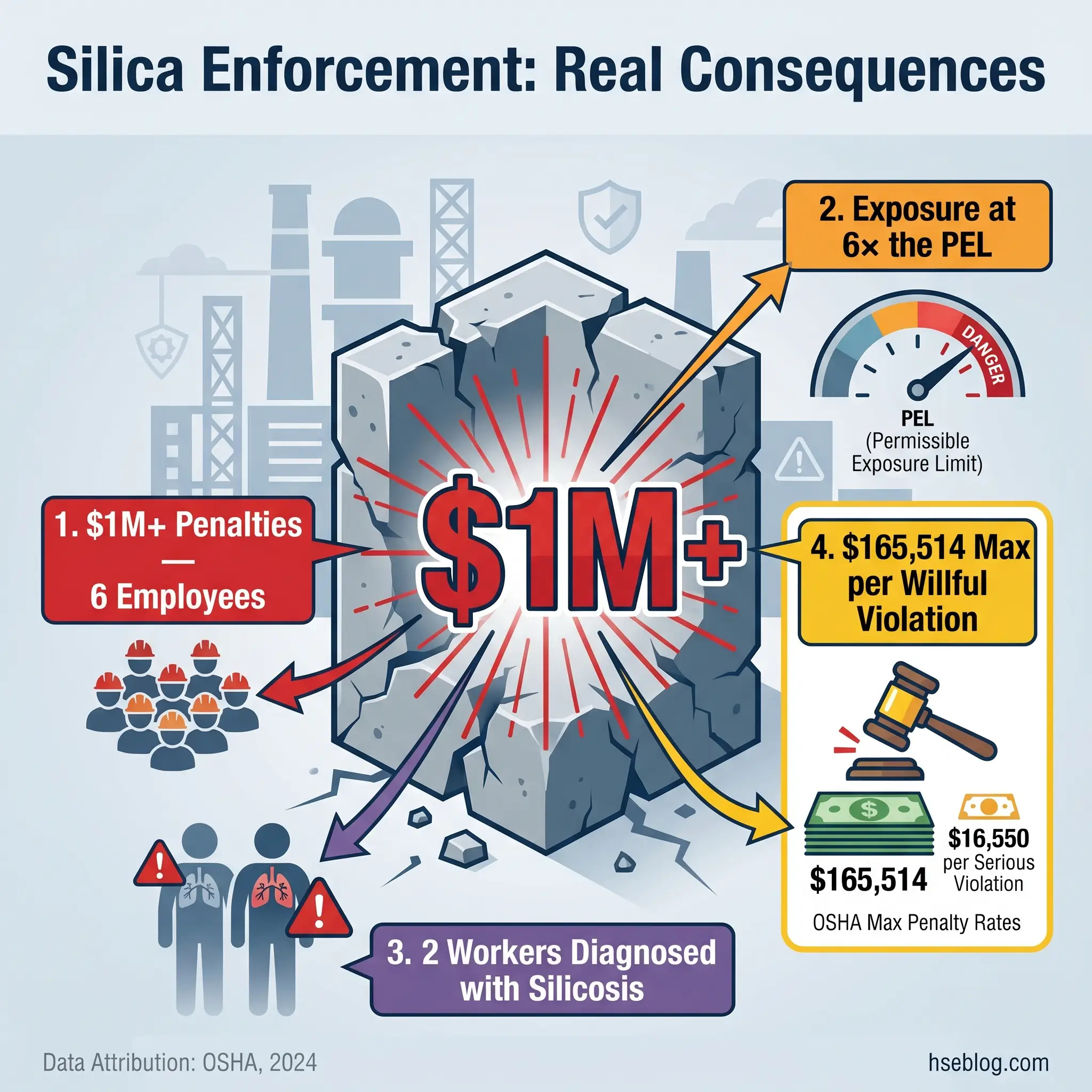 Infographic showing silica enforcement consequences including $1M+ penalties for 6 employees, 6x PEL exposure levels, 2 workers diagnosed with silicosis, and maximum OSHA penalties of $165,514 per willful violation.
